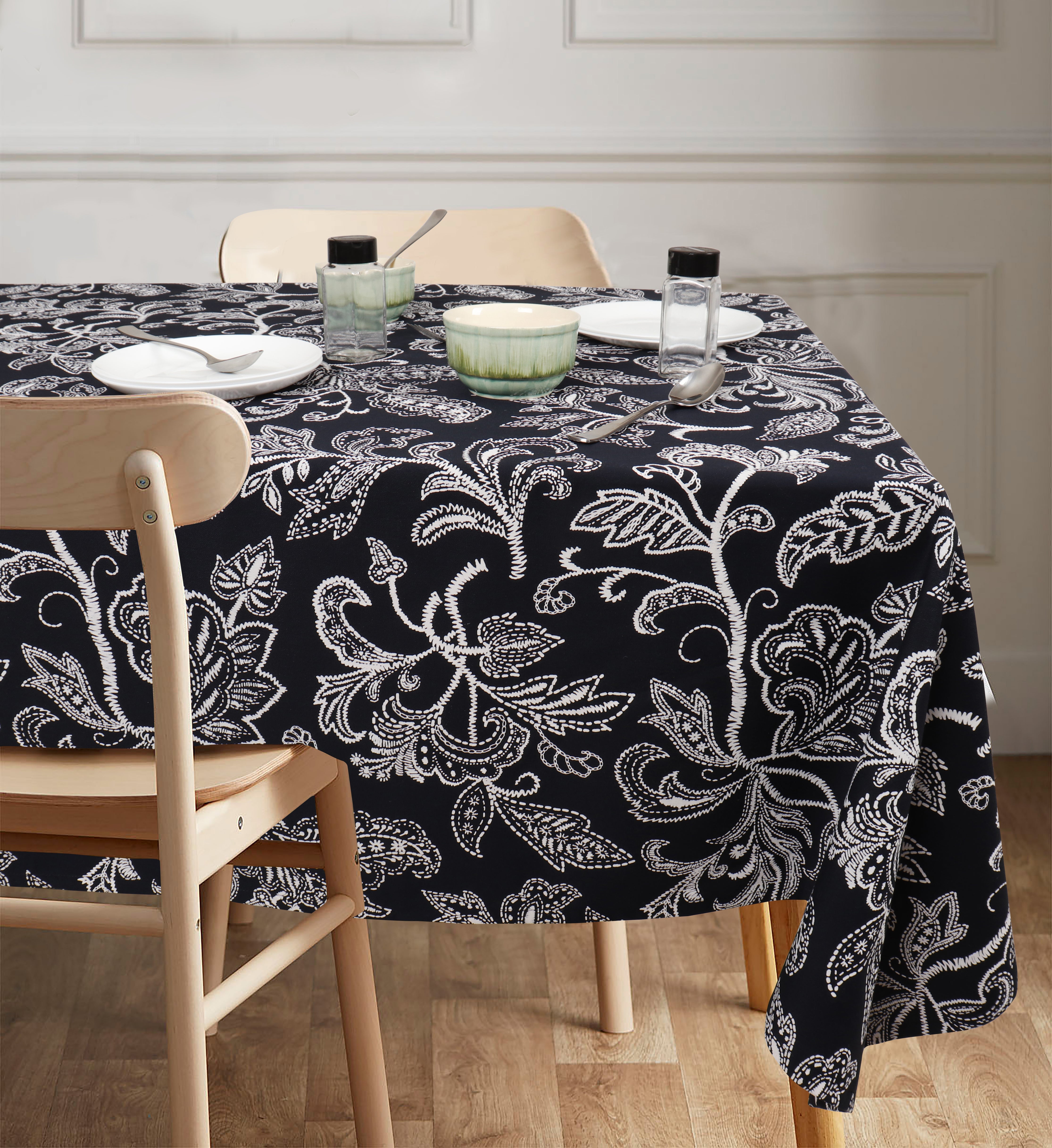 Cotton Black Flower 8 Seater Table Cloths