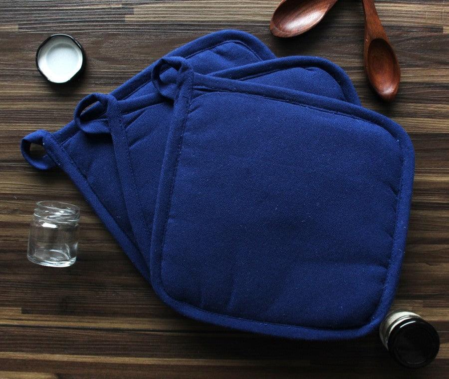 Cotton Solid Blue Pot Holders Pack Of 3