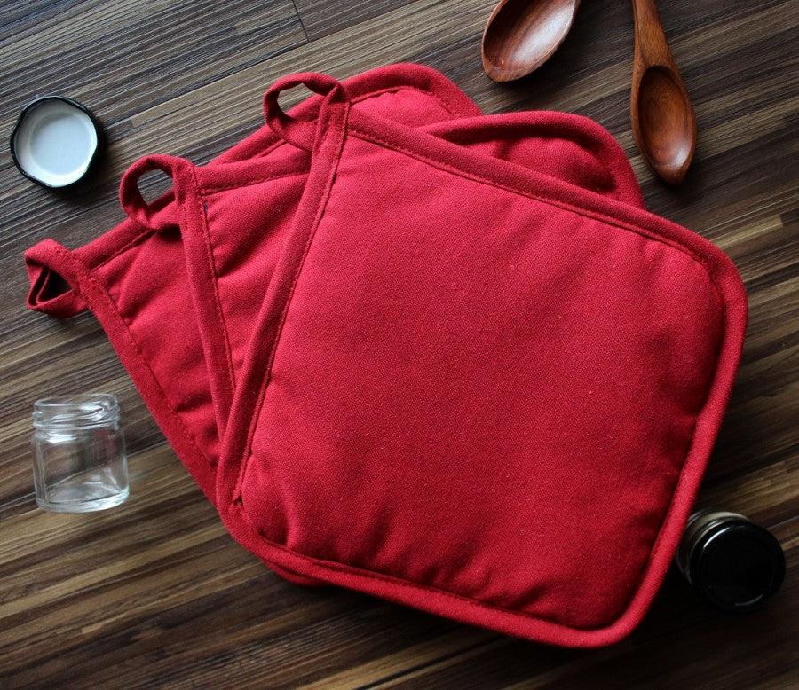 Cotton Solid Cherry Red Pot Holders Pack Of 3