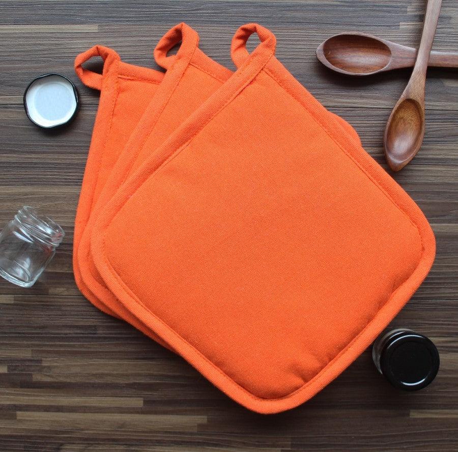 Cotton Solid Orange Pot Holders Pack Of 3