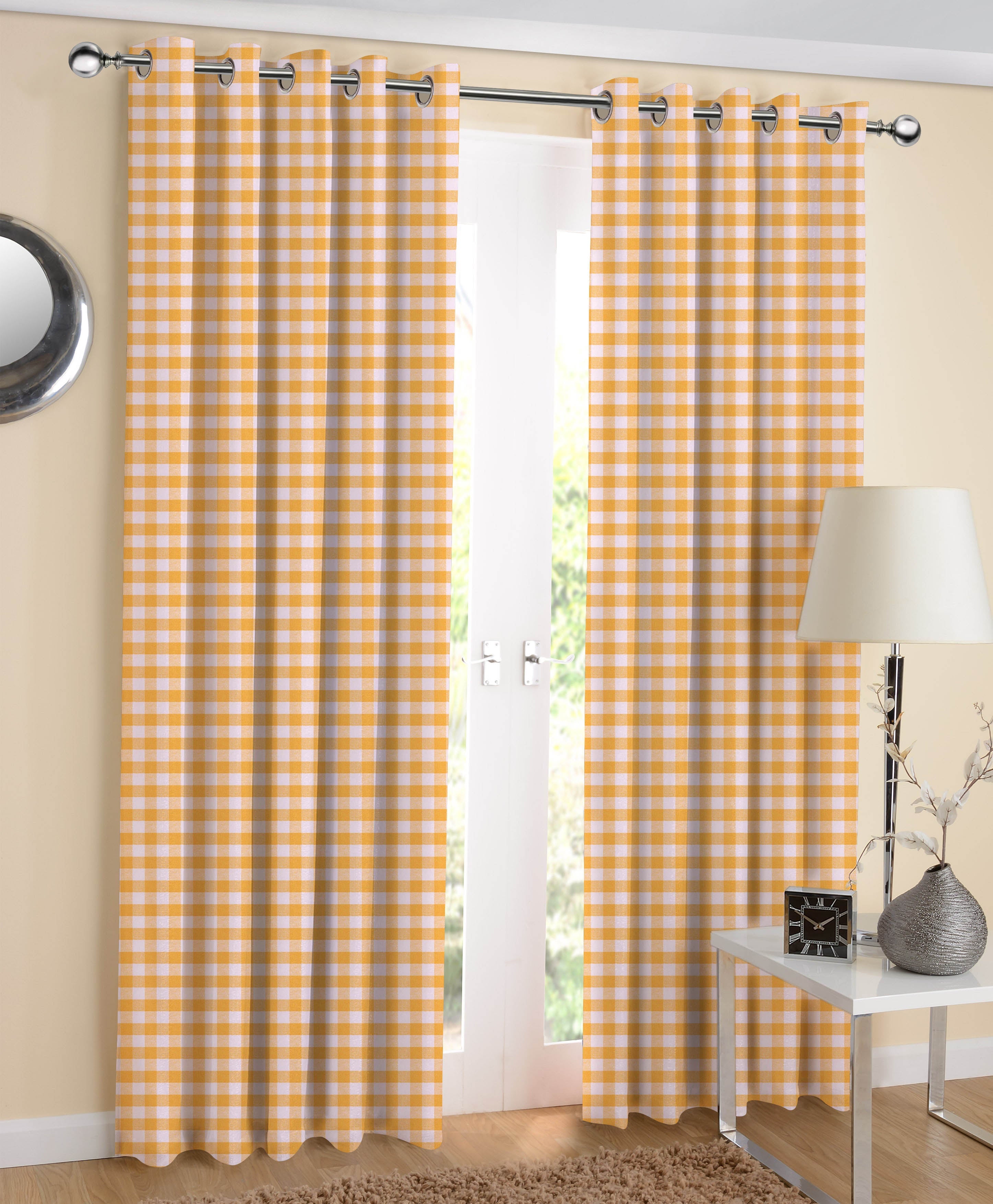 Cotton Gingham Check Yellow 7ft Door Curtains Pack Of 2