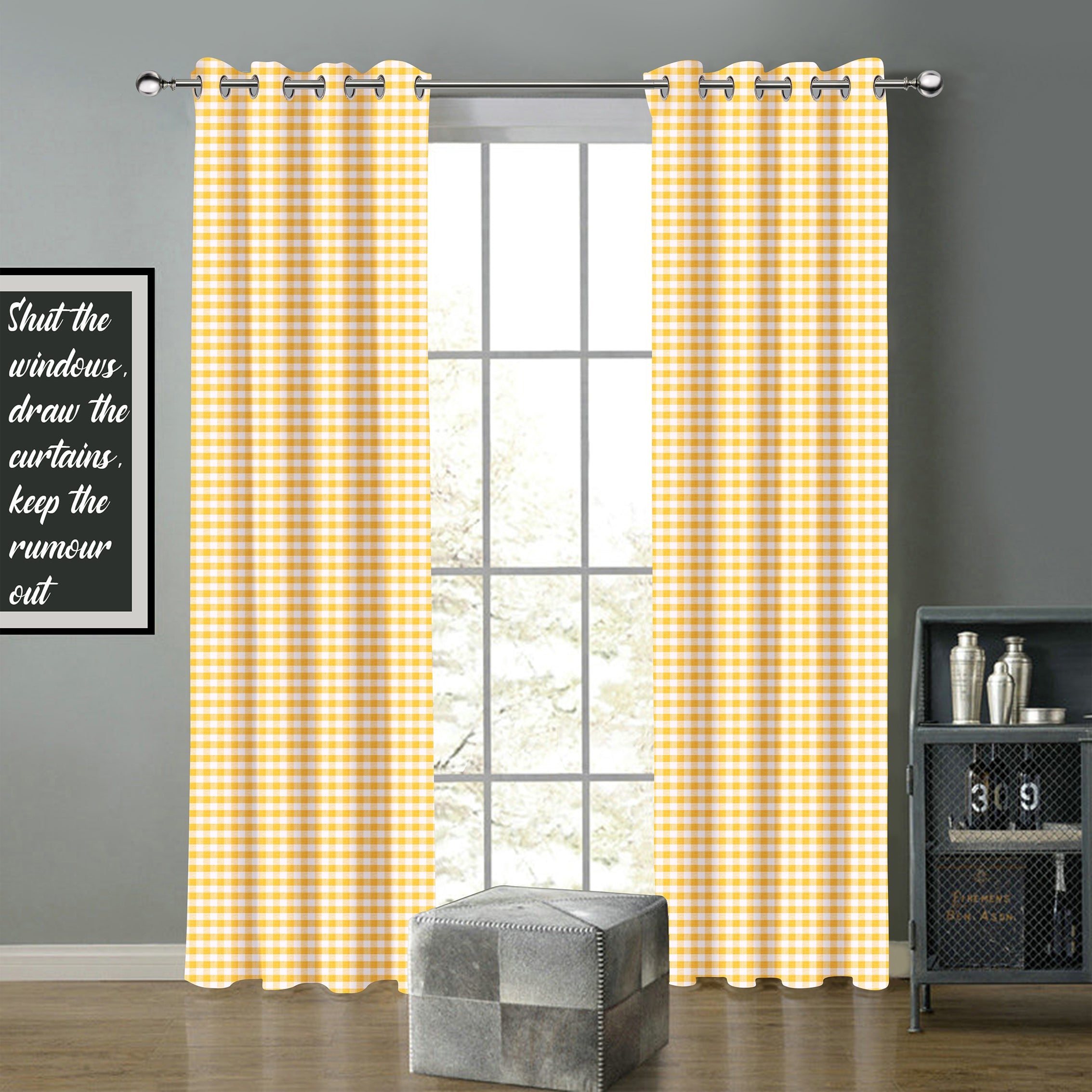 Cotton Gingham Check Yellow Long 9ft Door Curtains Pack Of 2