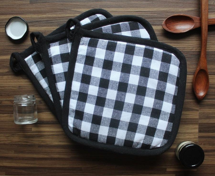 Cotton Gingham Check Black Pot Holders Pack Of 3