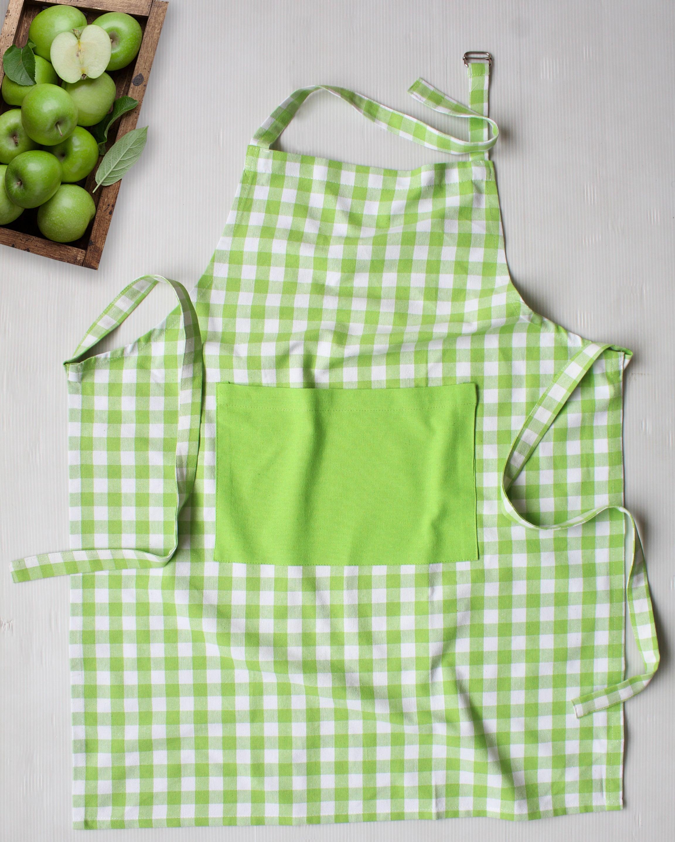 Cotton Gingham Check Green With Solid Pocket Free Size Apron
