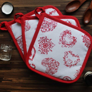 Cotton Red Heart Pot Holders Pack Of 3 freeshipping - Airwill