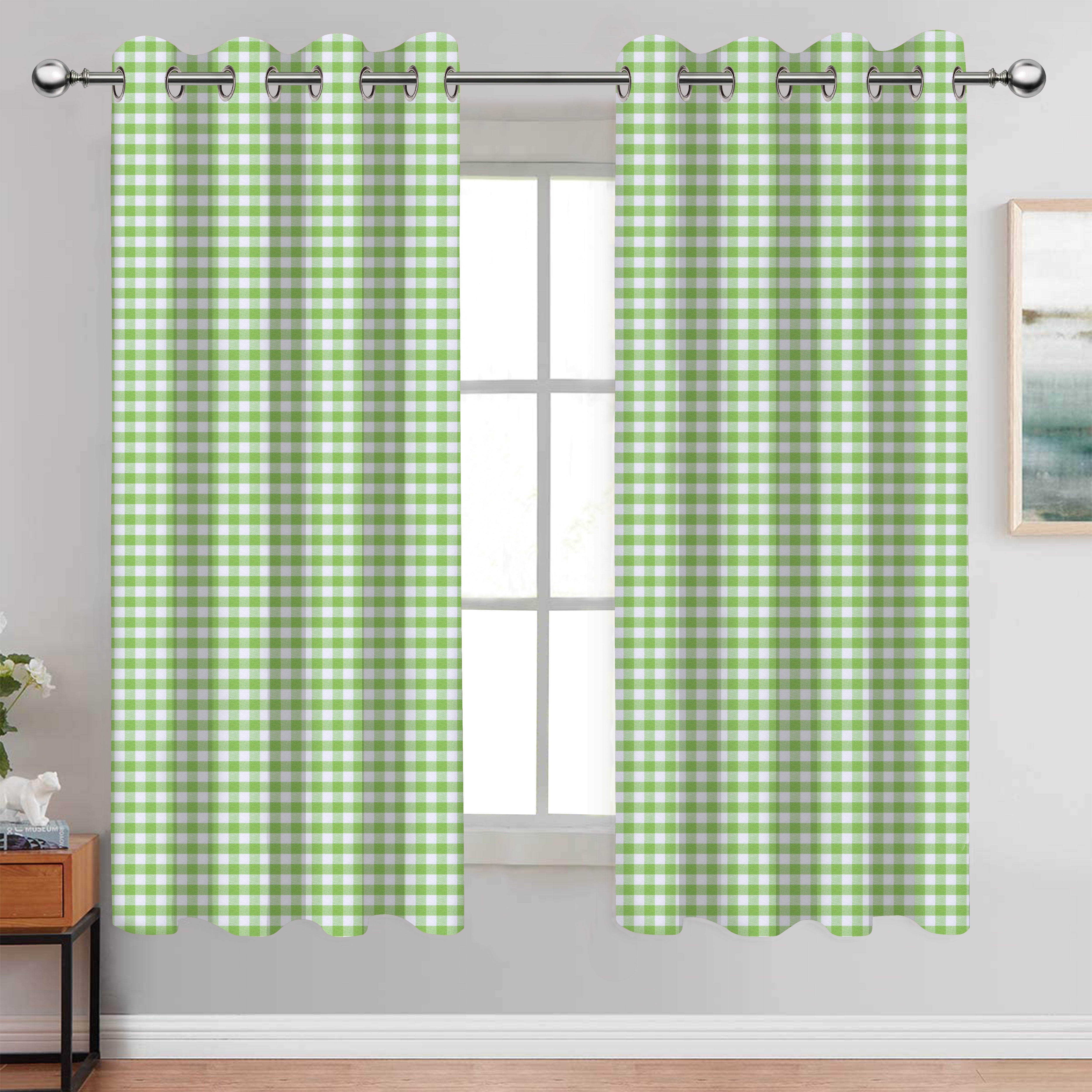 Cotton Gingham Check Green 9ft Long Door Curtains Pack Of 2