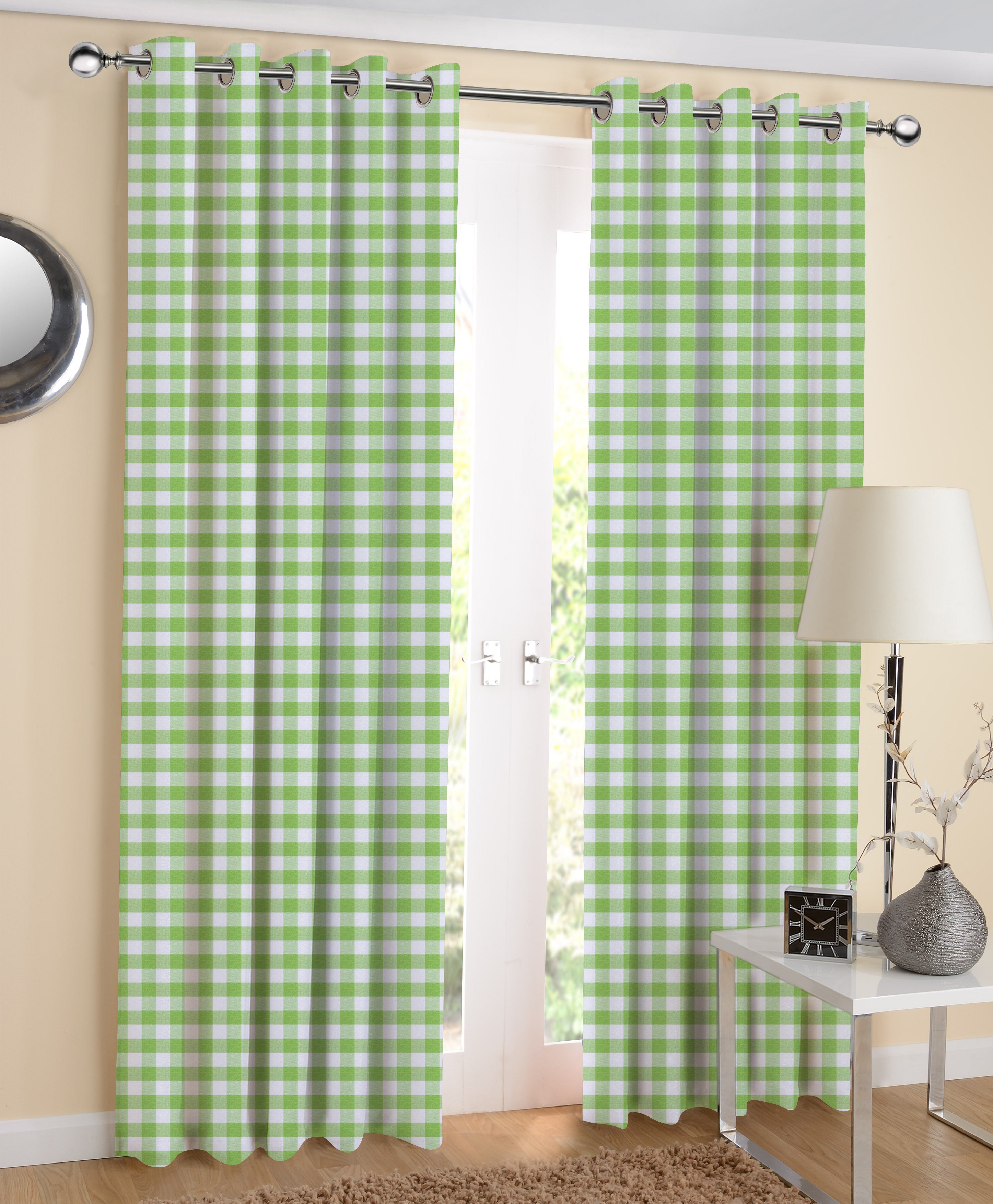 Cotton Gingham Check Green 7ft Door Curtains Pack Of 2
