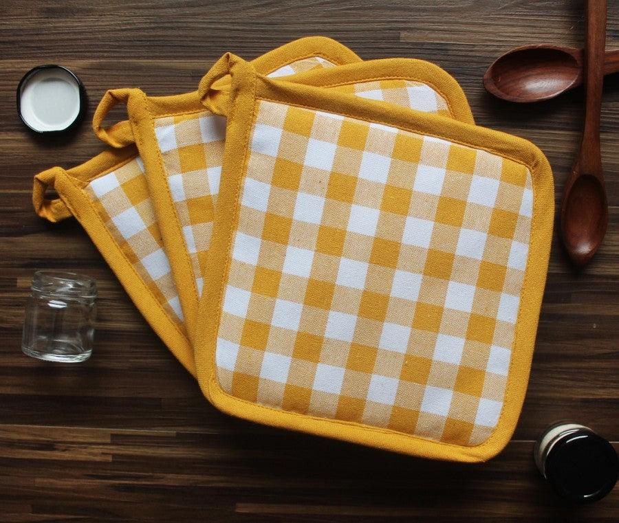 Cotton Gingham Check Yellow Pot Holders Pack Of 3