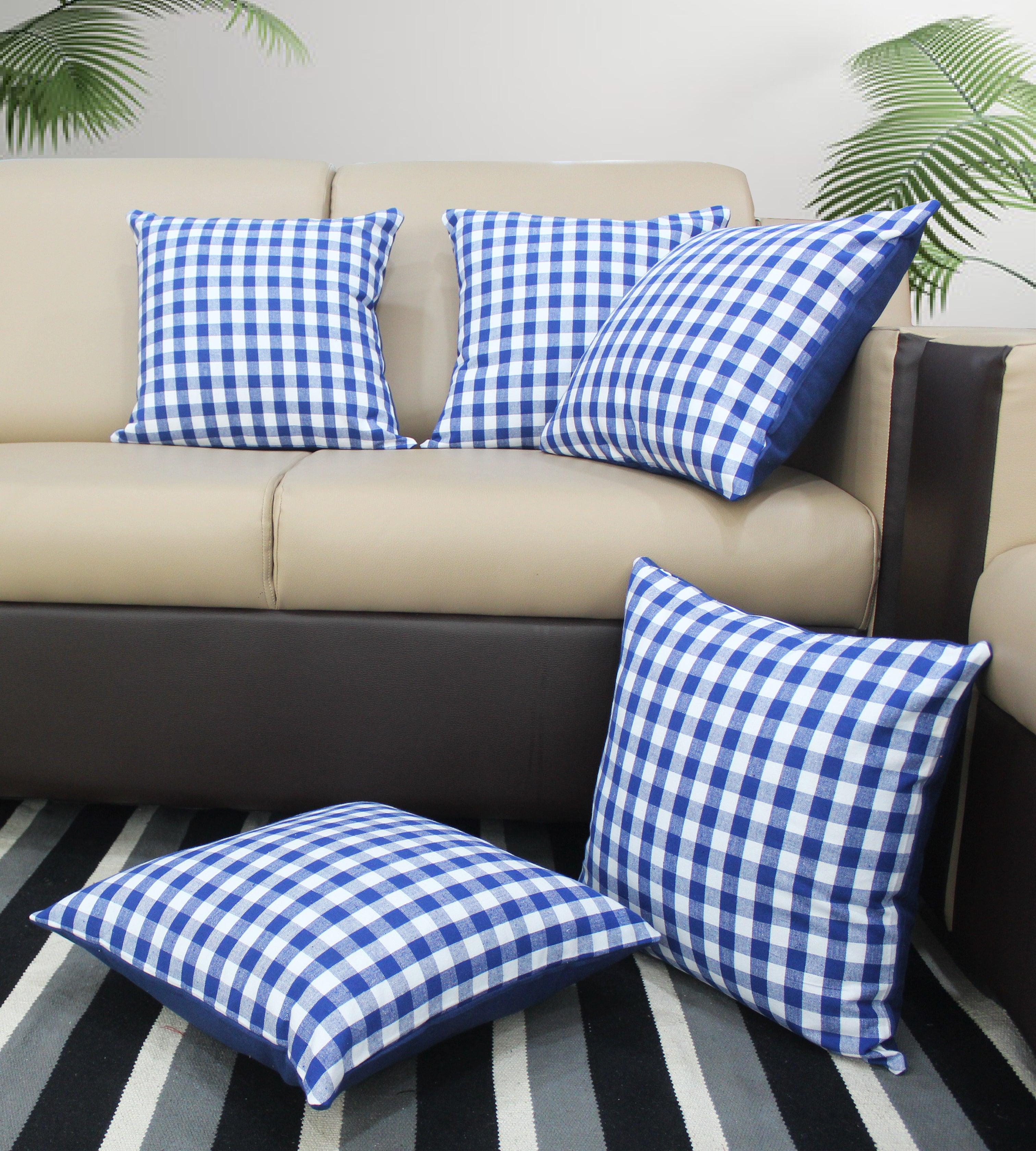 Cotton Gingham Check Blue Cushion Covers