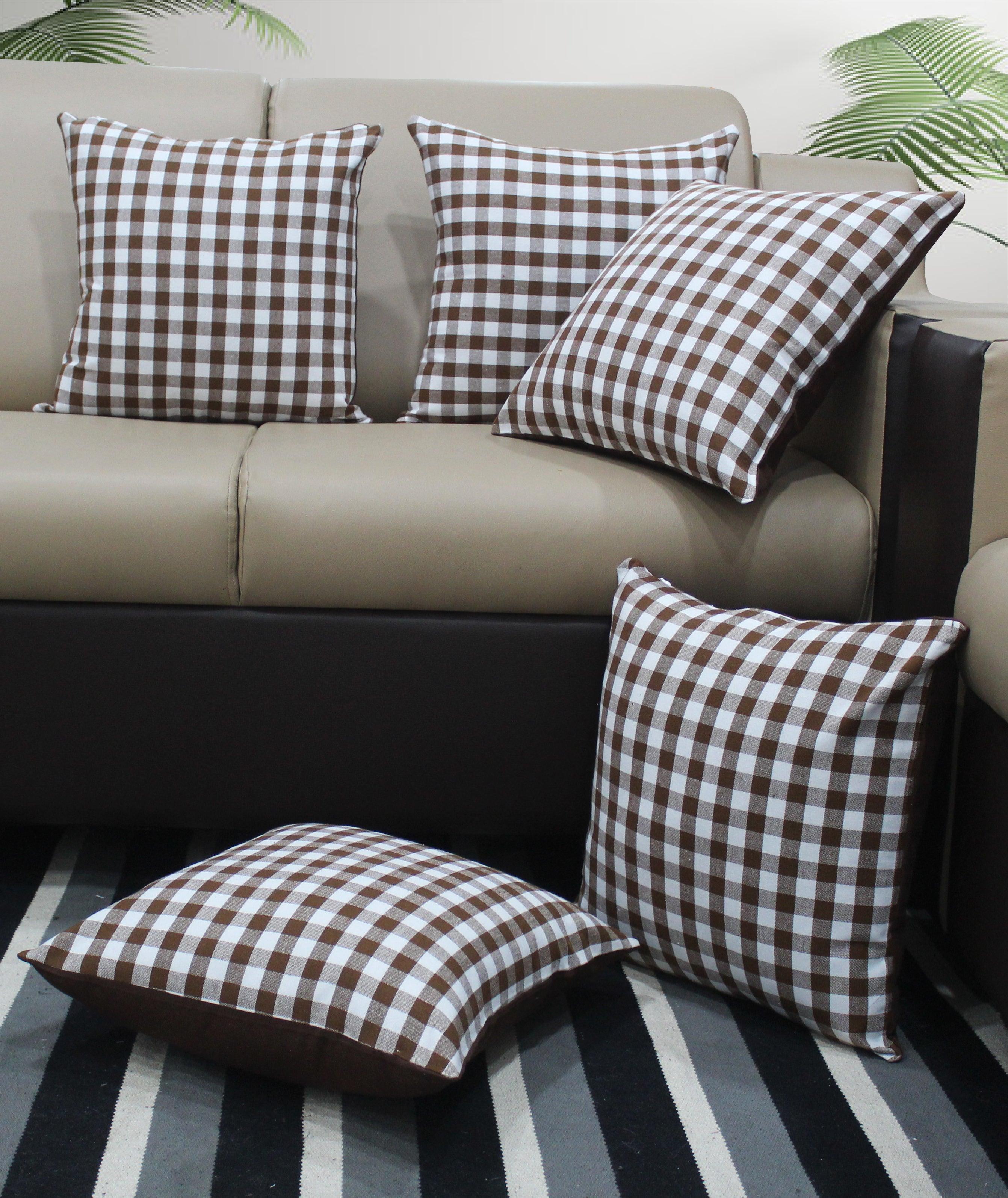 Cotton Gingham Check Brown Cushion Covers