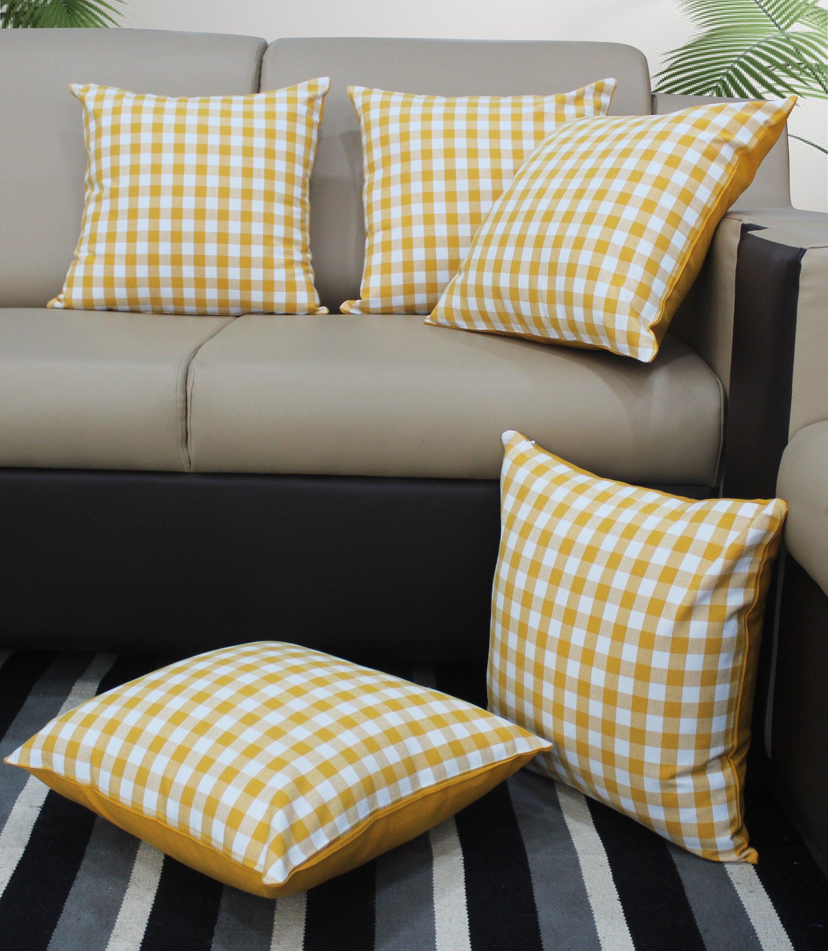 Cotton Gingham Check Yellow Cushion Covers