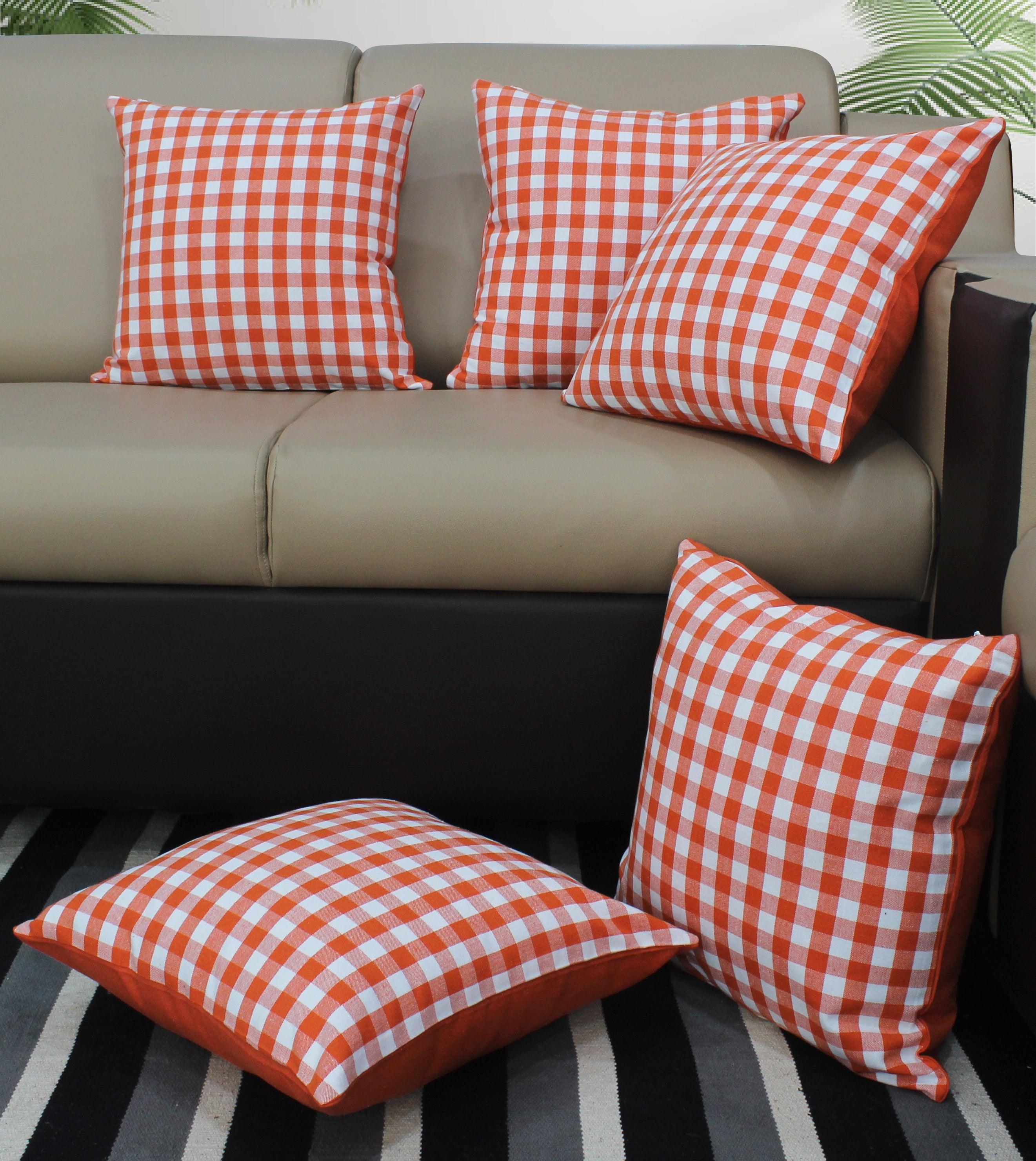 Cotton Gingham Check Orange Cushion Covers