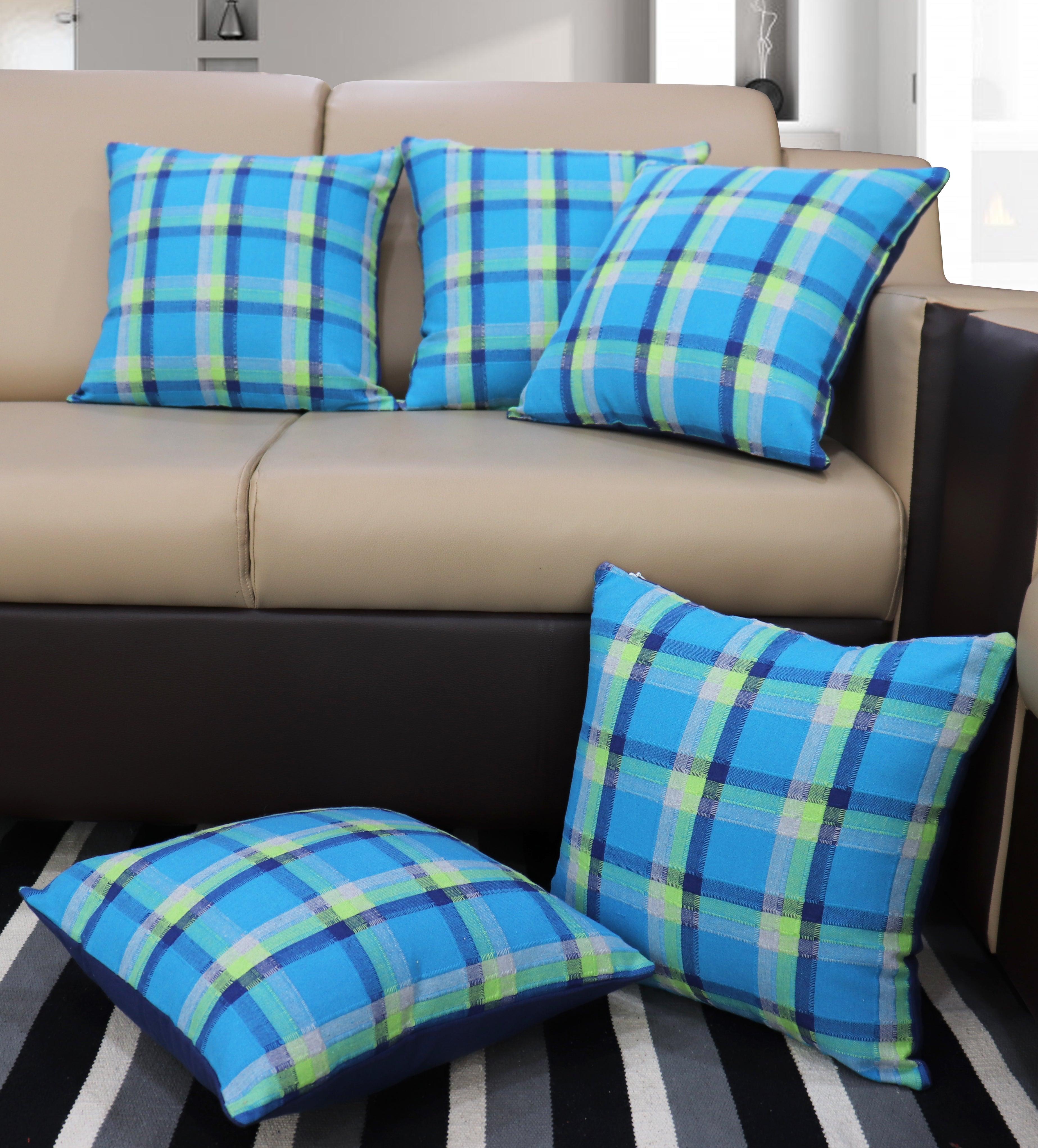 Cotton Iran Check Blue Cushion Covers