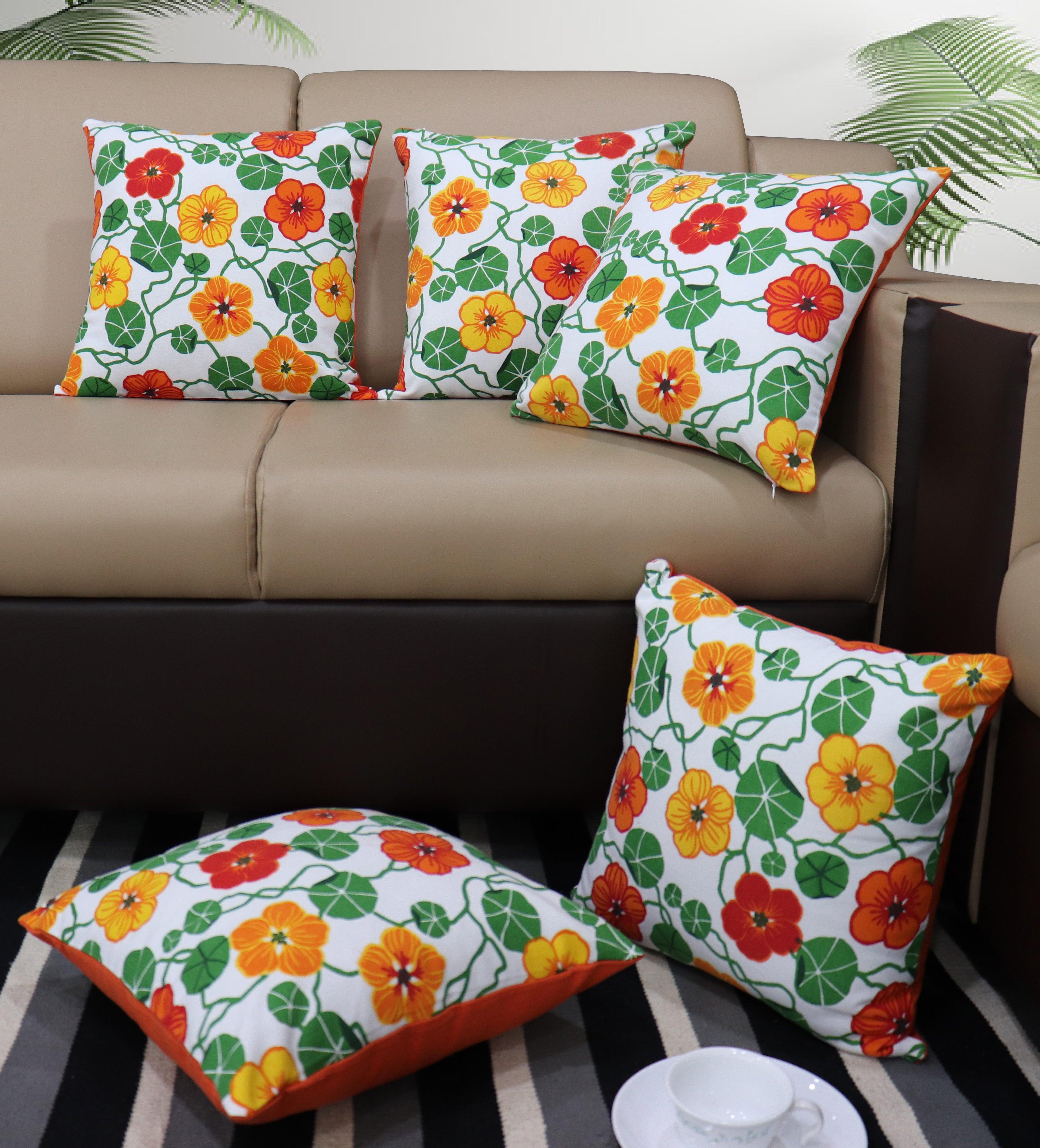 Cotton Green & Orange Floral Cushion Covers