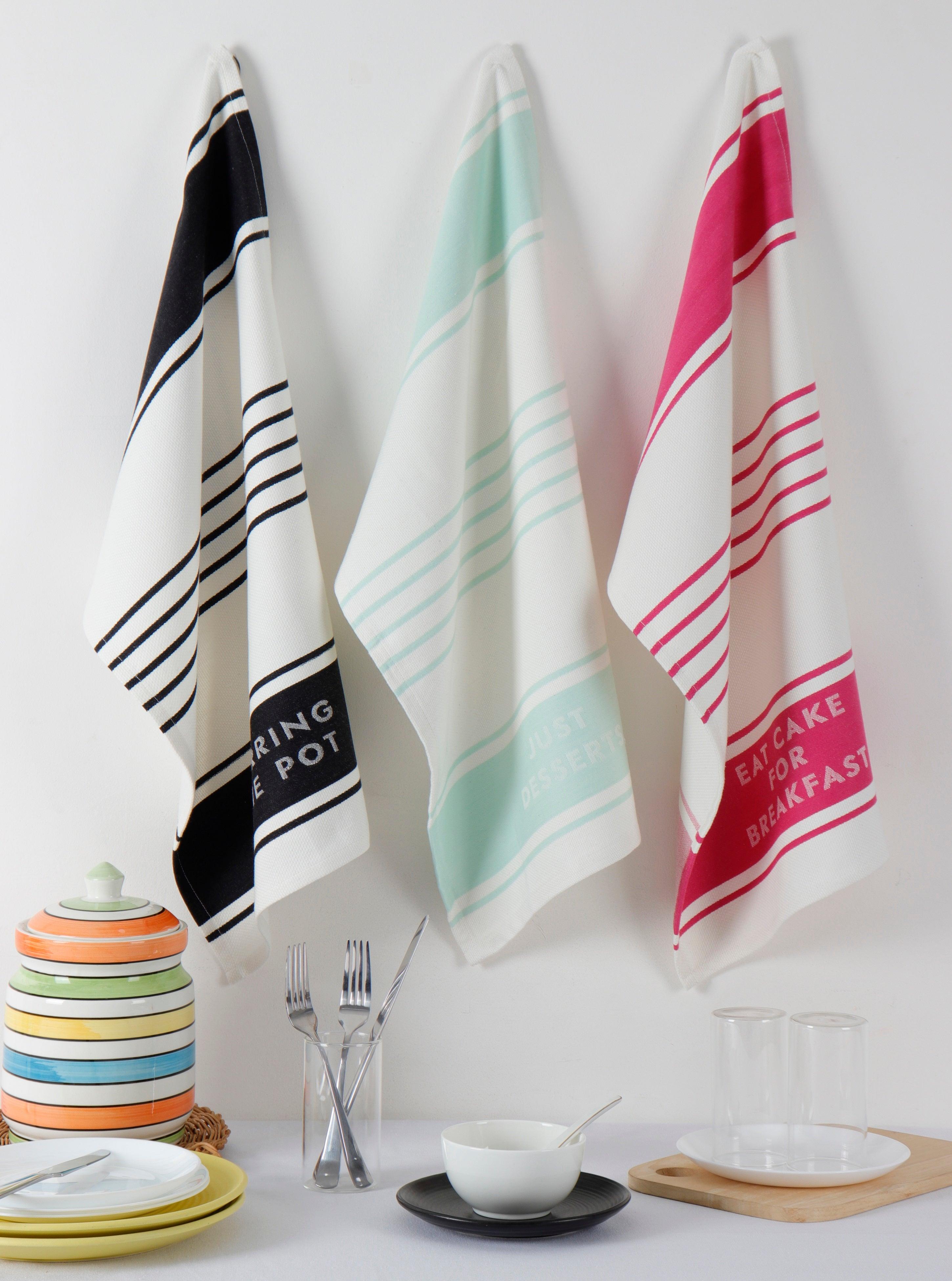 Cotton Kitchen Dish Towels pack of 3 - Black, Pink & T.Green