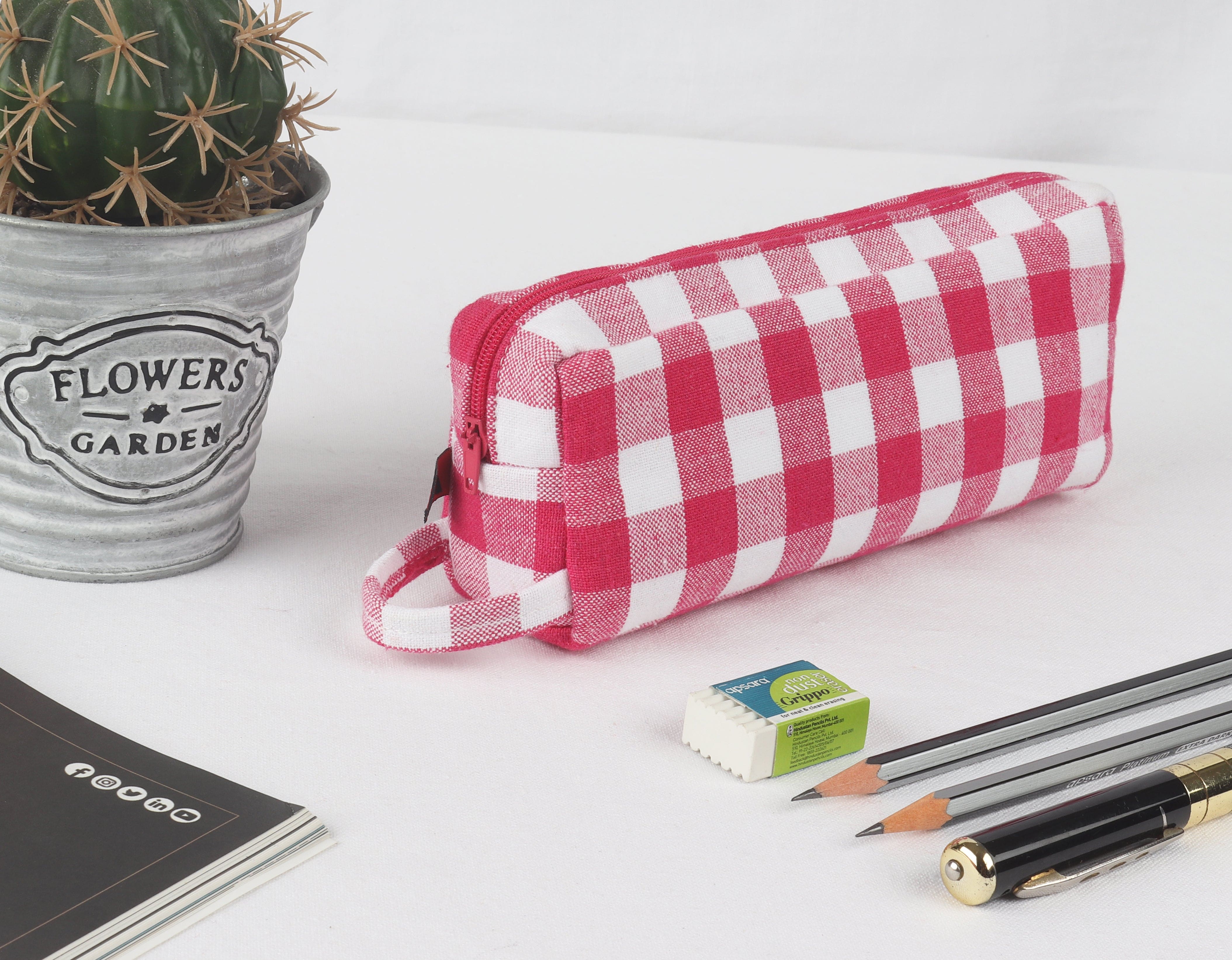 Cotton Rose Checked Pencil Pouches - Pack of 2 pcs