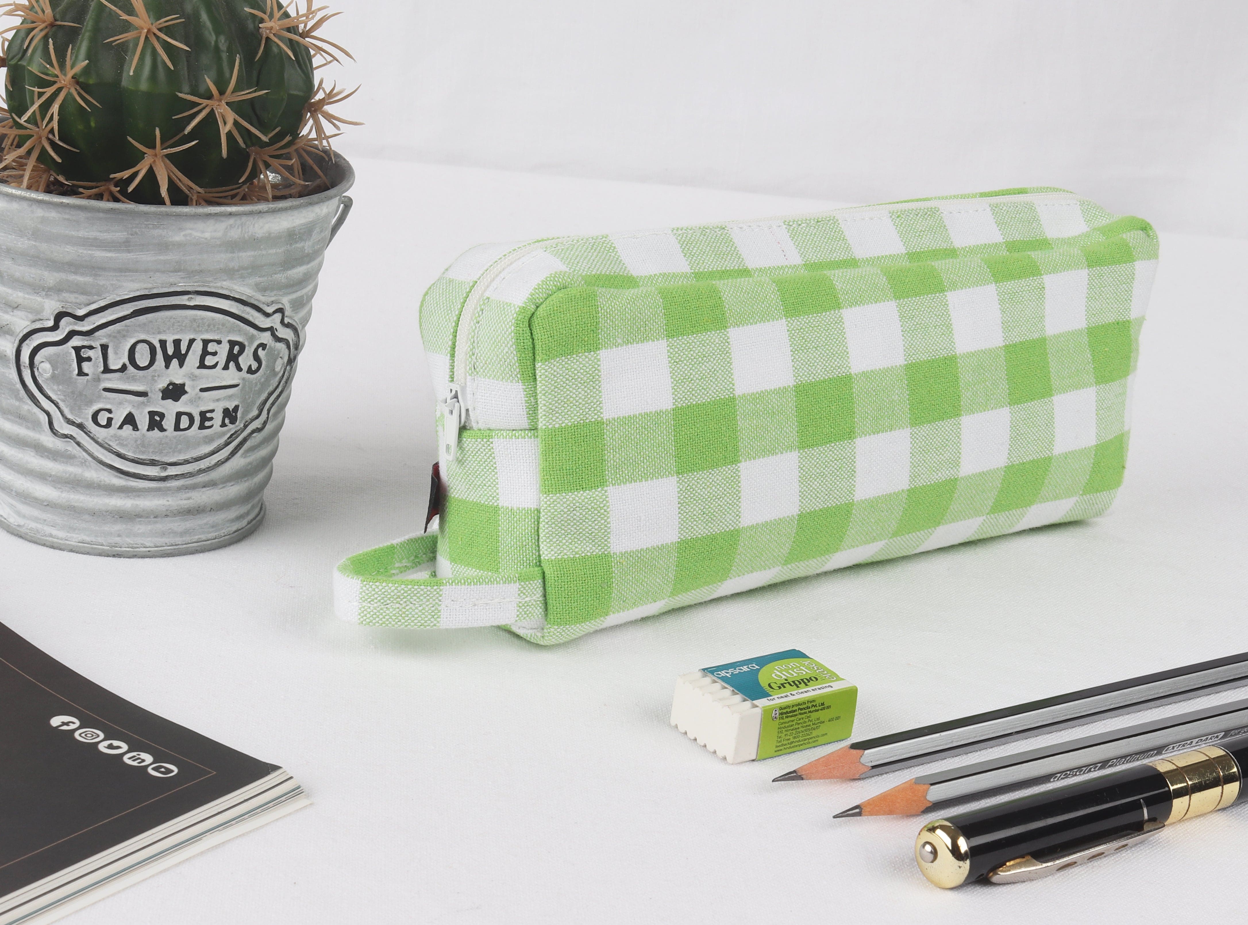 Cotton Green Checked Pencil Pouches - Pack of 2 pcs