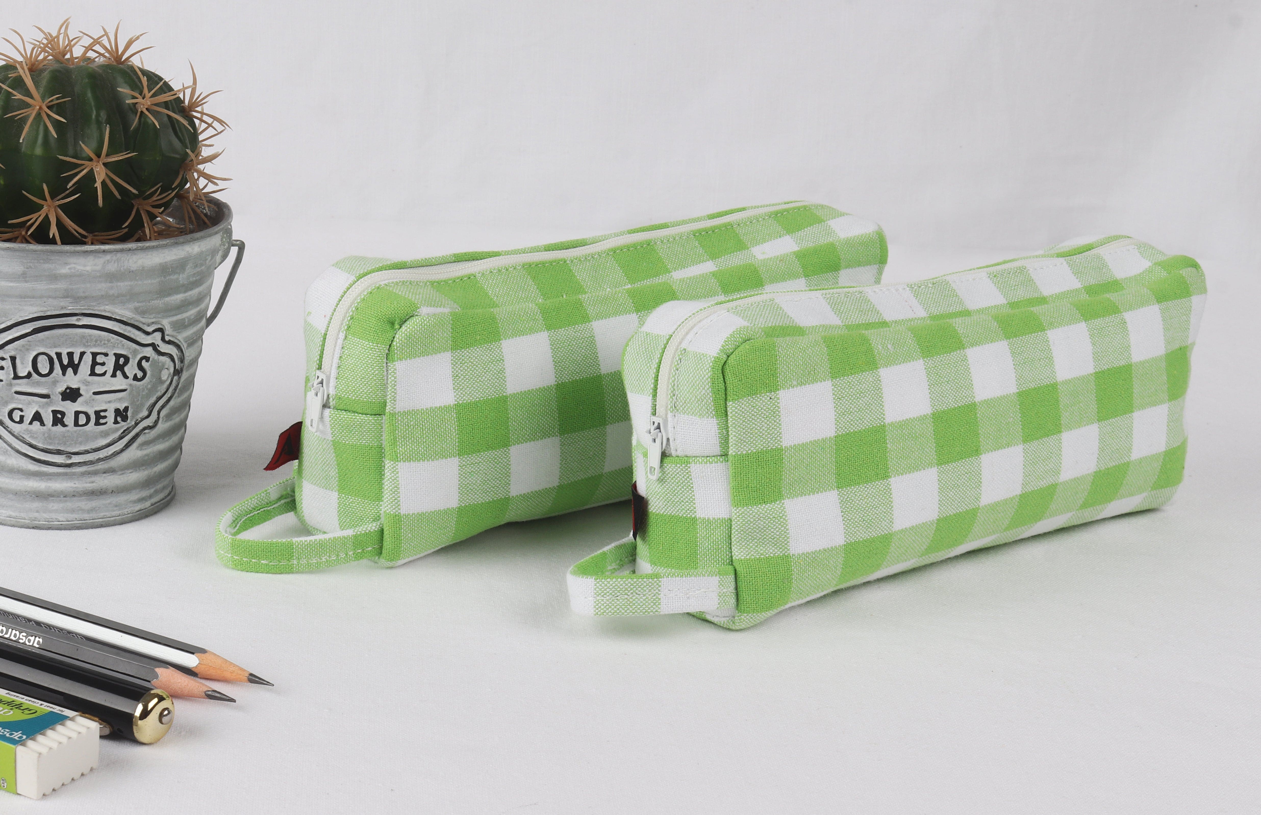 Cotton Green Checked Pencil Pouches - Pack of 2 pcs