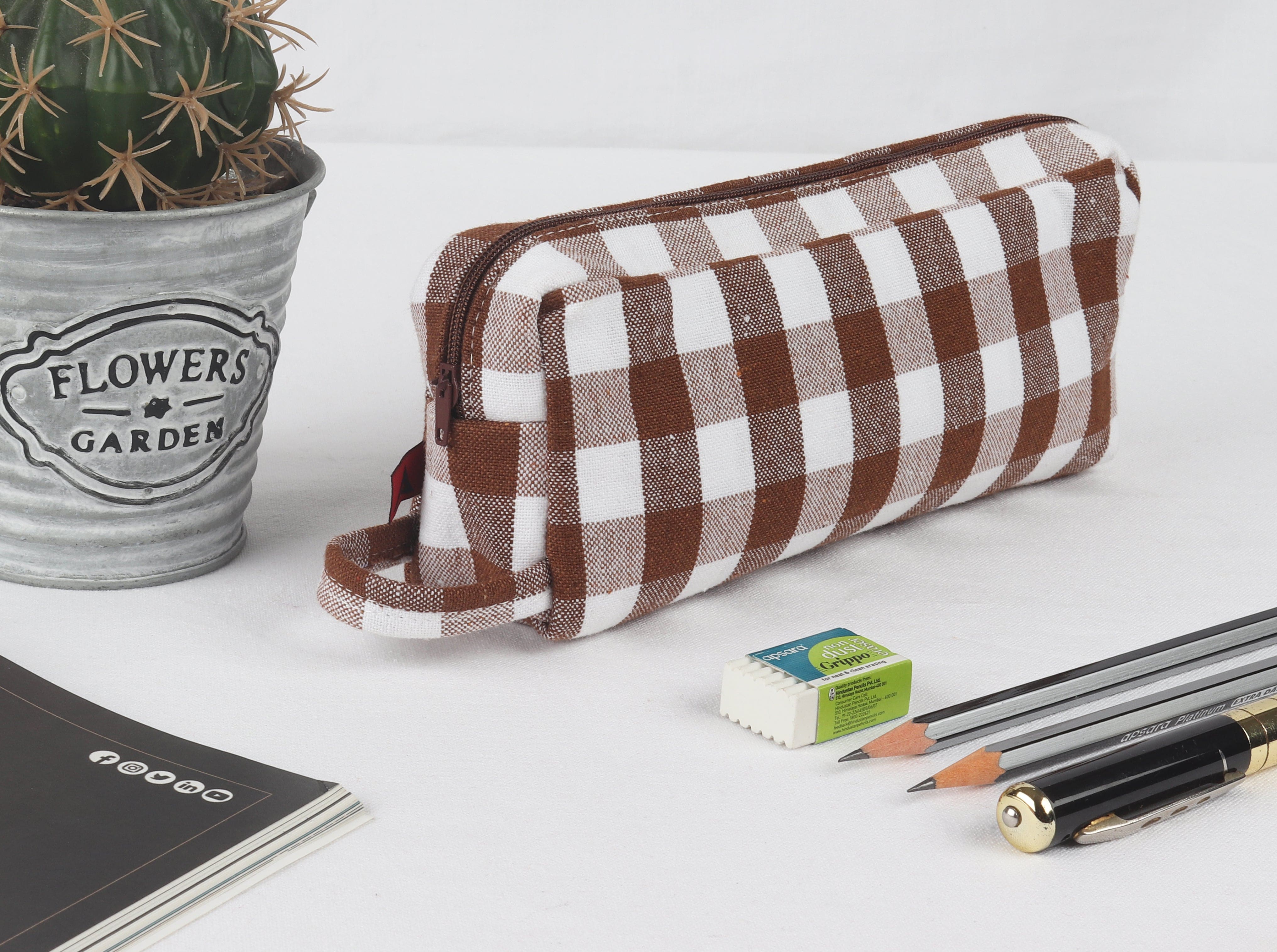 Cotton Checked Brown Pencil Pouches - Pack of 2 pcs