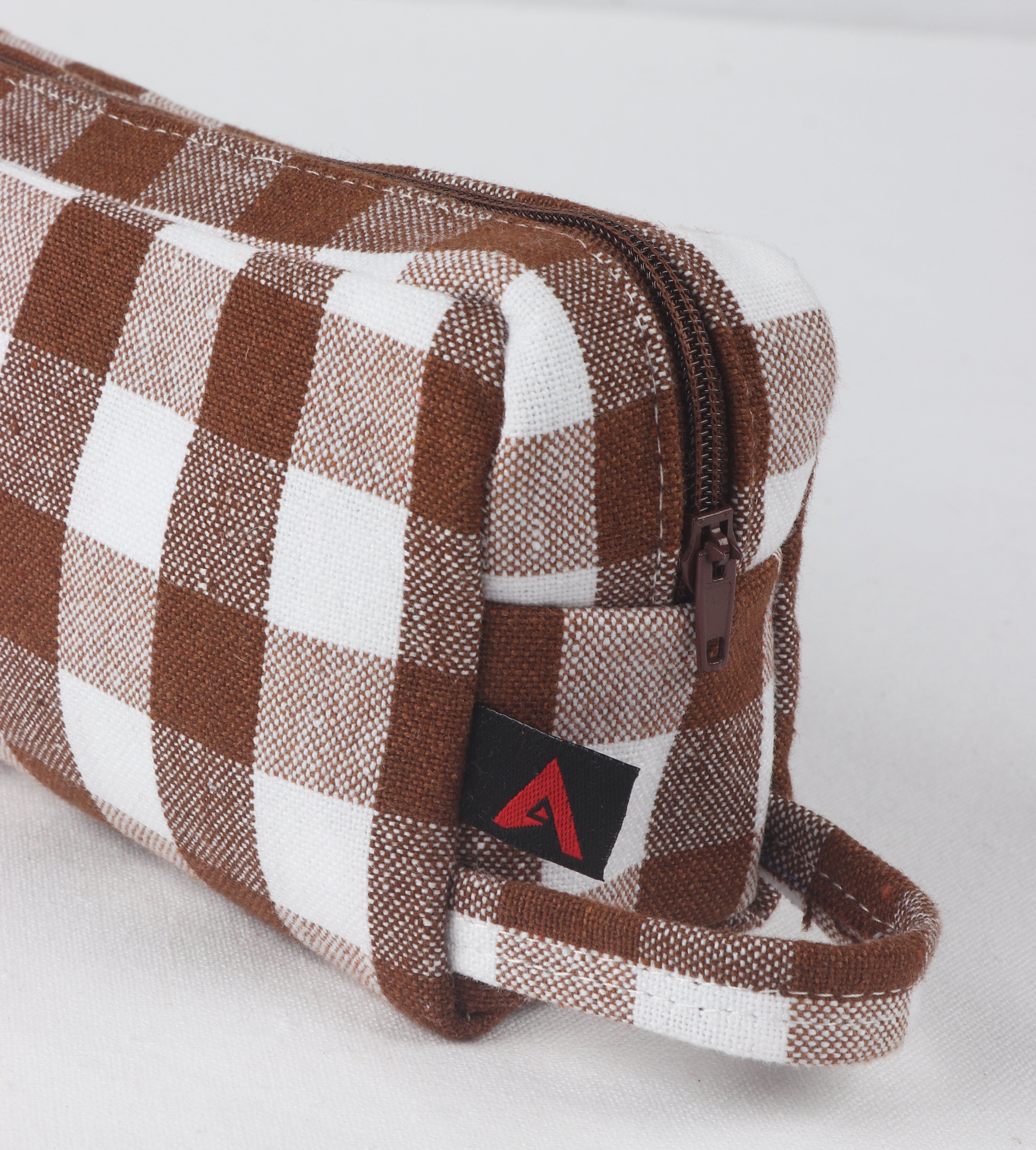 Cotton Checked Brown Pencil Pouches - Pack of 2 pcs