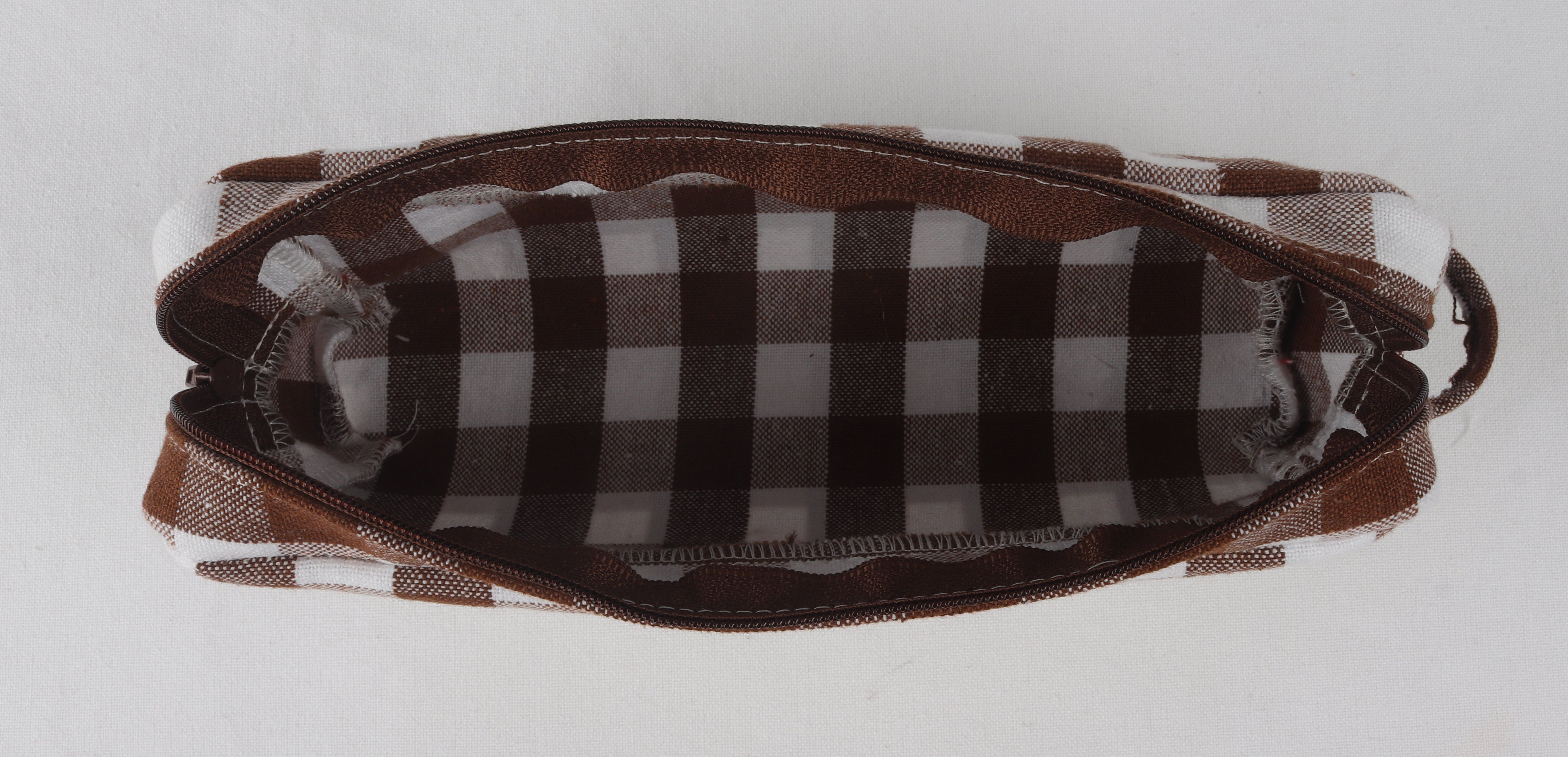 Cotton Checked Brown Pencil Pouches - Pack of 2 pcs