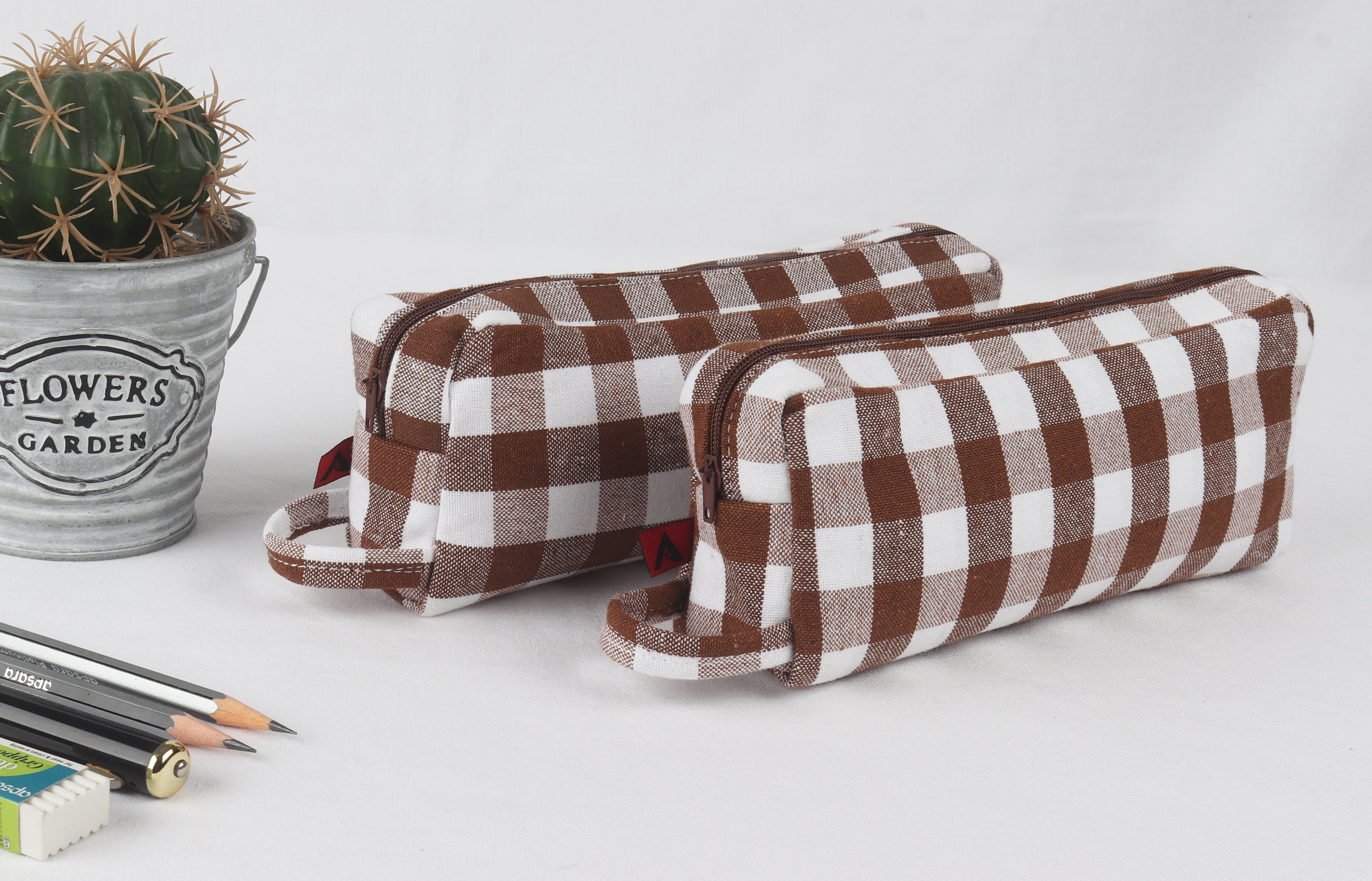 Cotton Checked Brown Pencil Pouches - Pack of 2 pcs