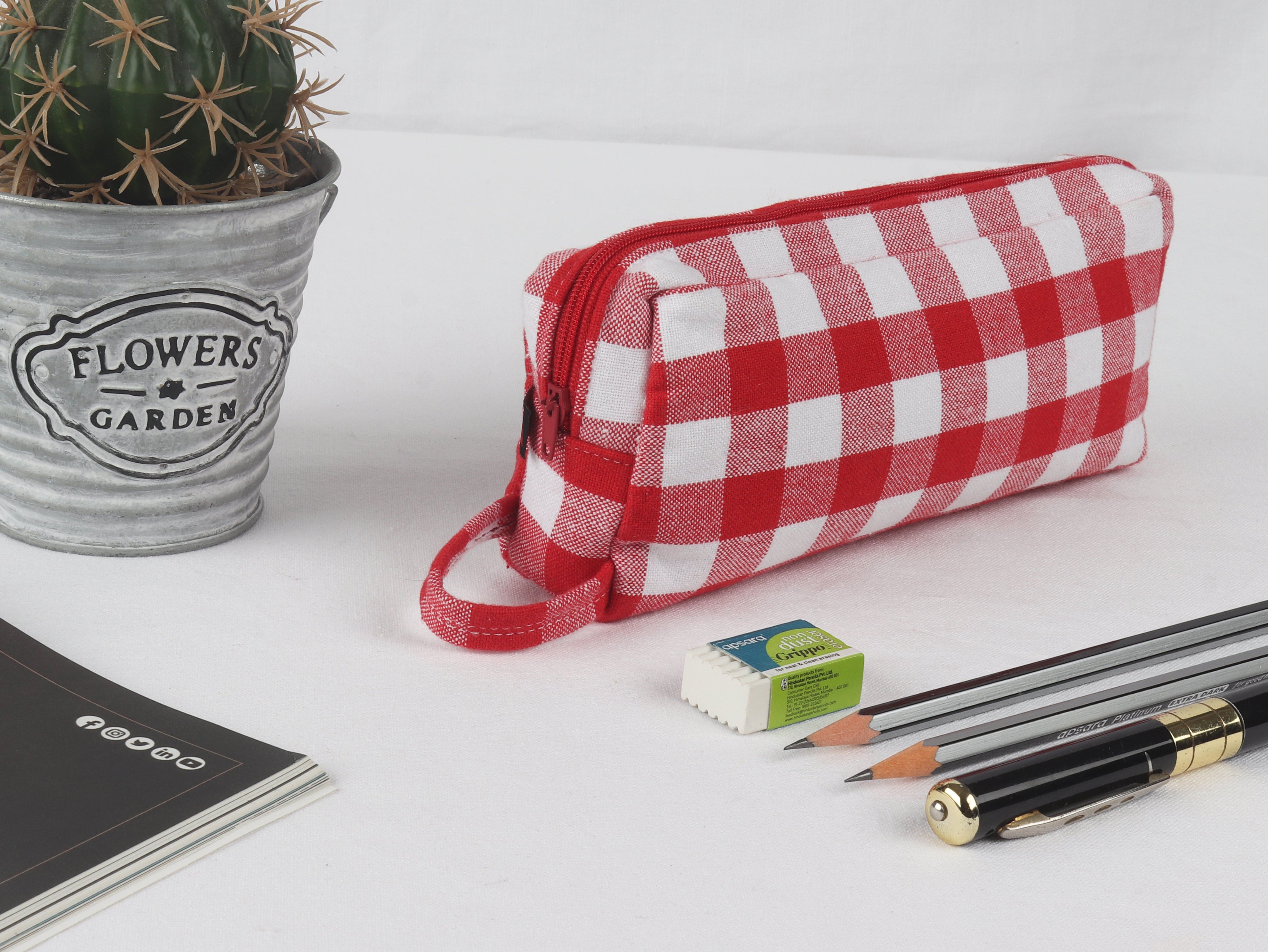 Cotton Red & White Checked Pencil Pouches - Pack of 2 pcs