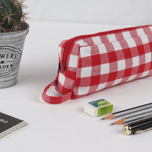 Cotton Red & White Checked Pencil Pouches - Pack of 2 pcs