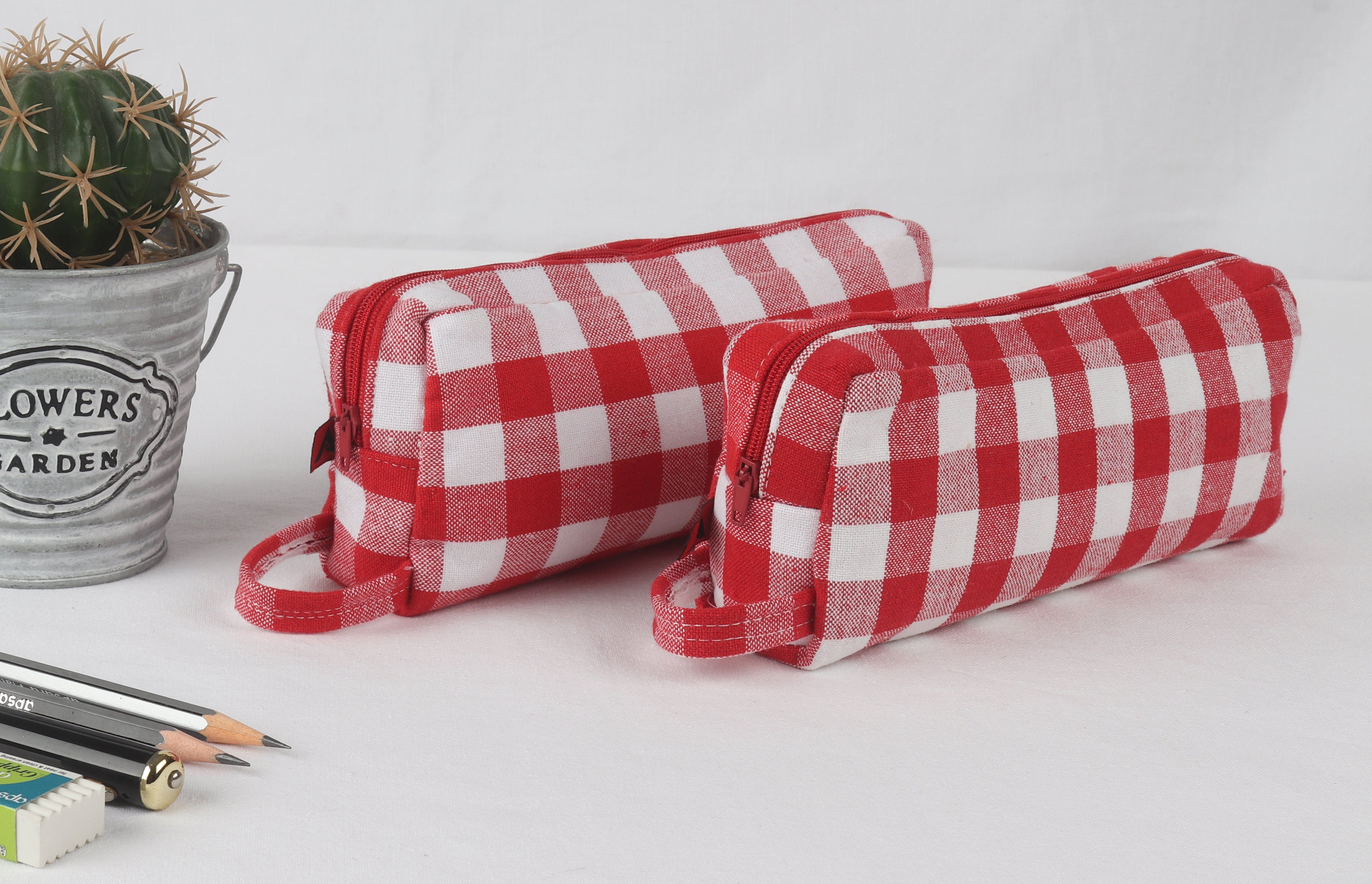 Cotton Red & White Checked Pencil Pouches - Pack of 2 pcs