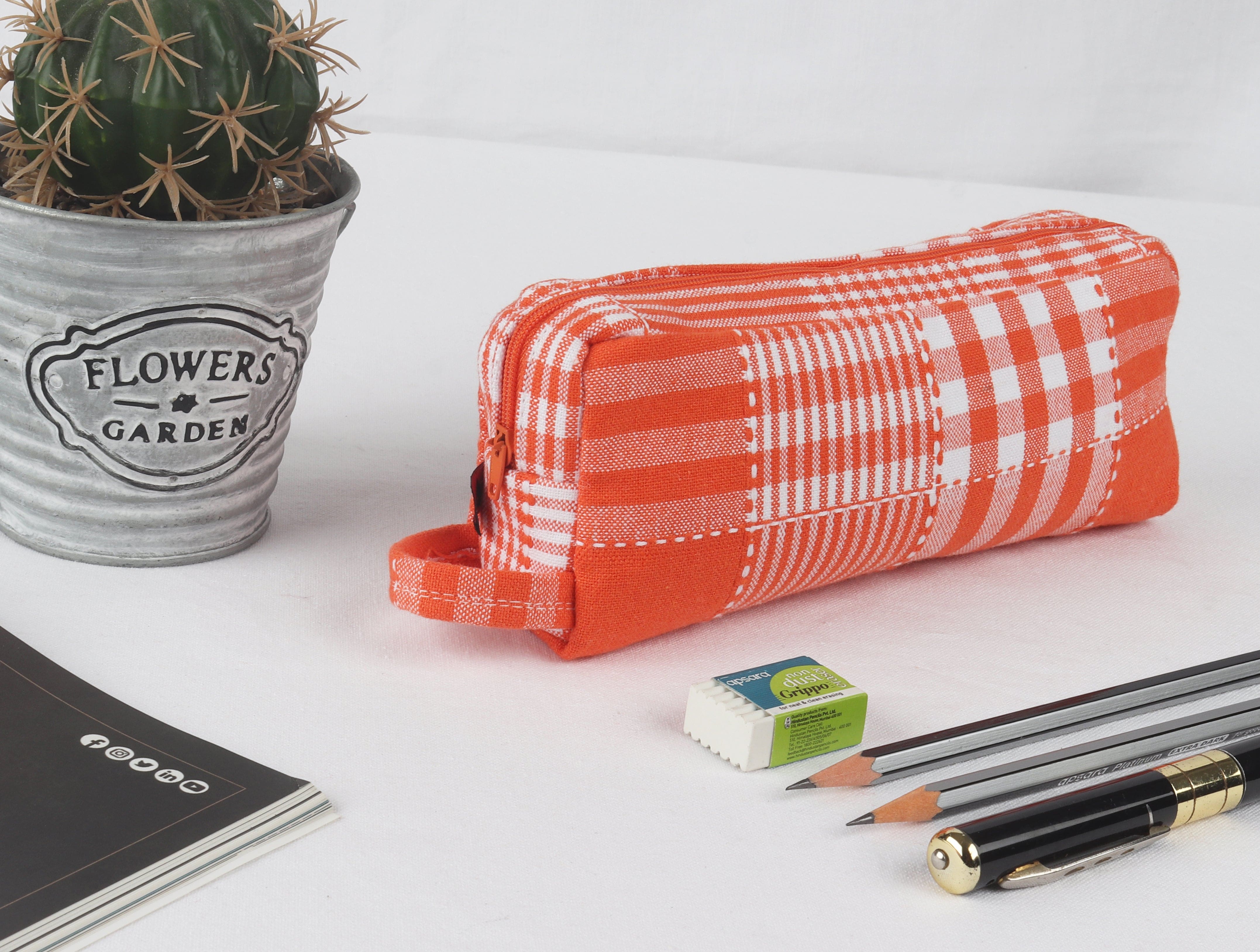 Cotton Orange Checked Pencil Pouches Pack of 2