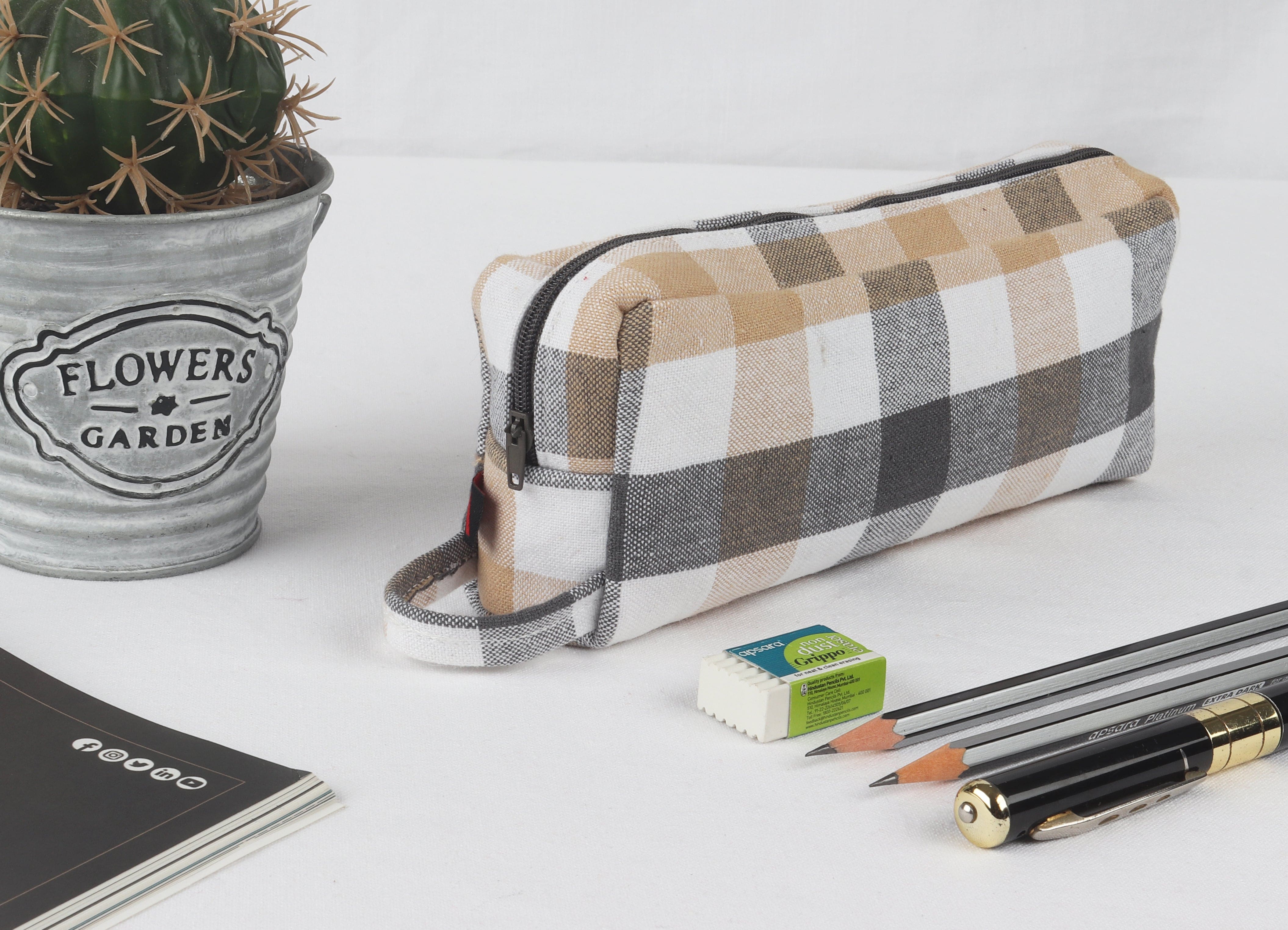 Cotton Beige and Grey Checked Pencil Pouches - Pack of 2 pcs