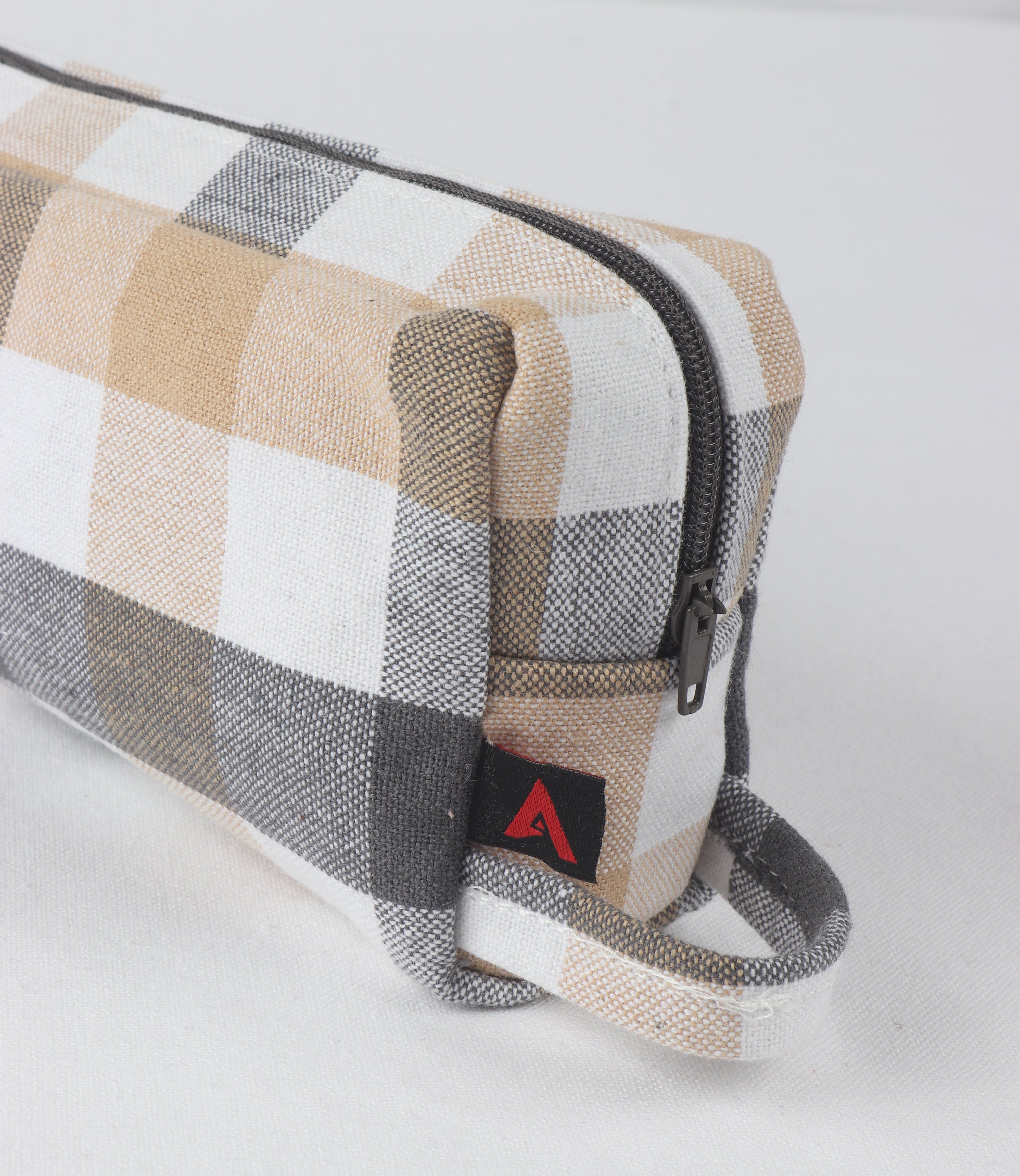 Cotton Beige and Grey Checked Pencil Pouches - Pack of 2 pcs
