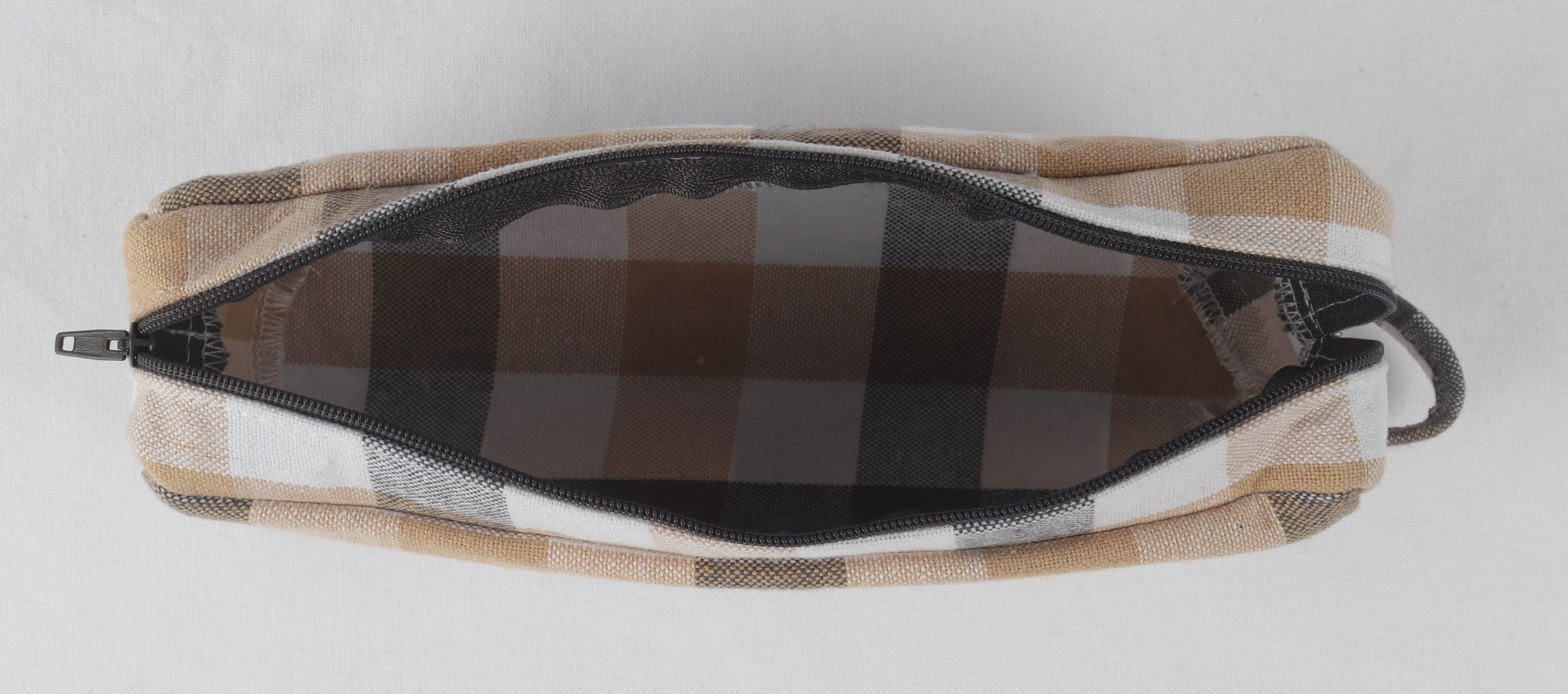 Cotton Beige and Grey Checked Pencil Pouches - Pack of 2 pcs