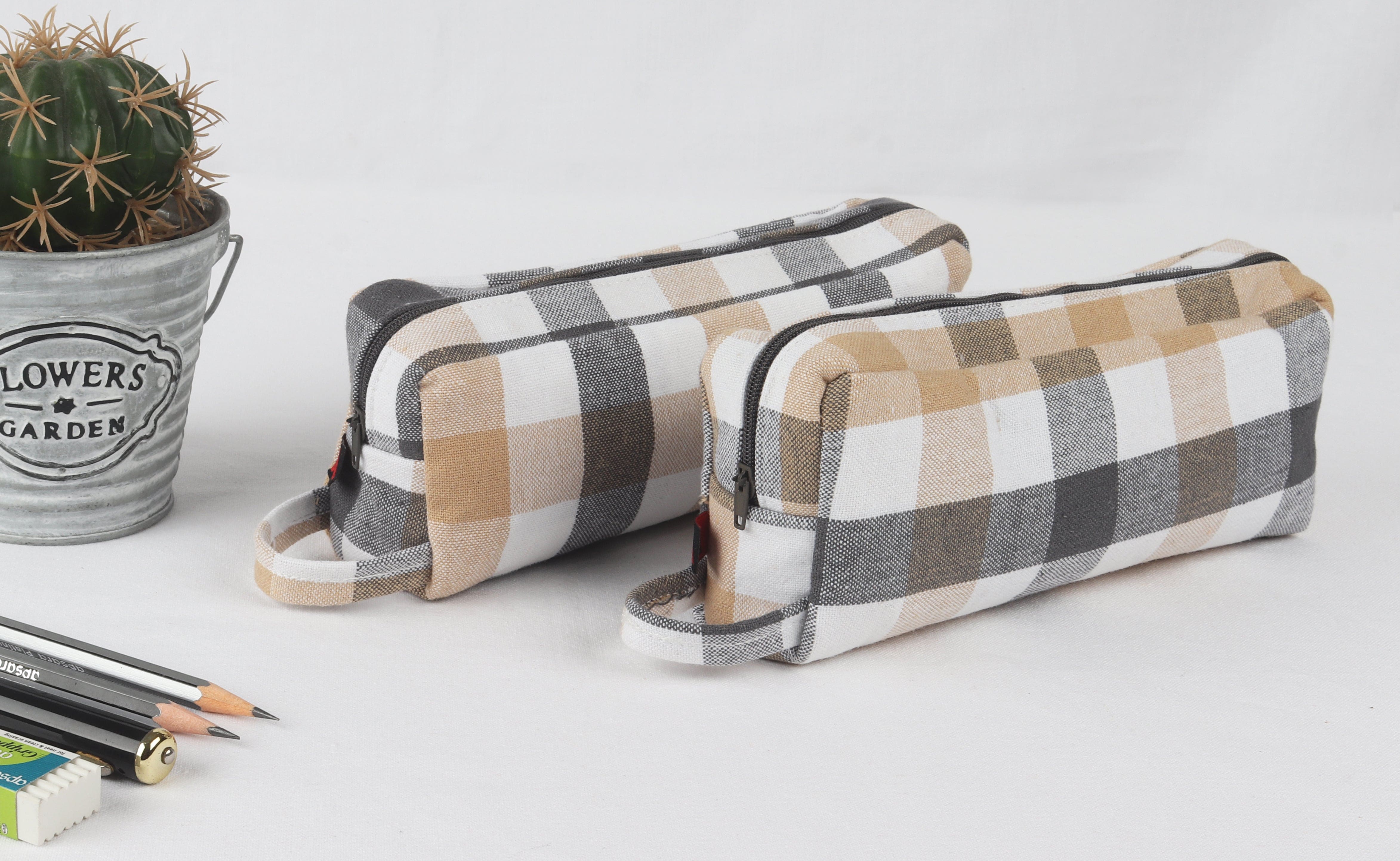 Cotton Beige and Grey Checked Pencil Pouches - Pack of 2 pcs