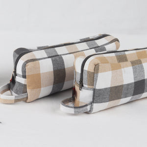 Cotton Beige and Grey Checked Pencil Pouches - Pack of 2 pcs
