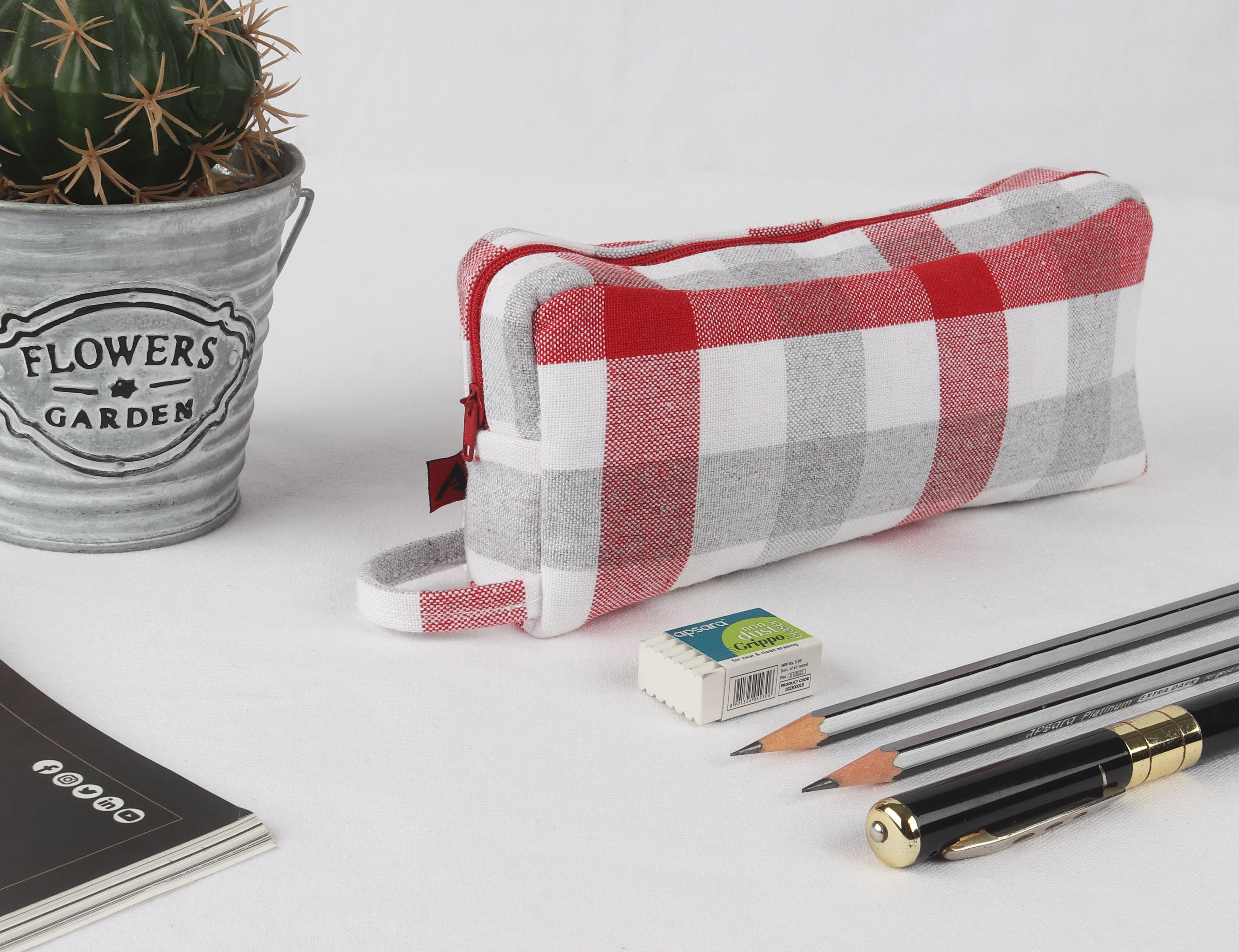 Cotton Checked Orange Pencil Pouches