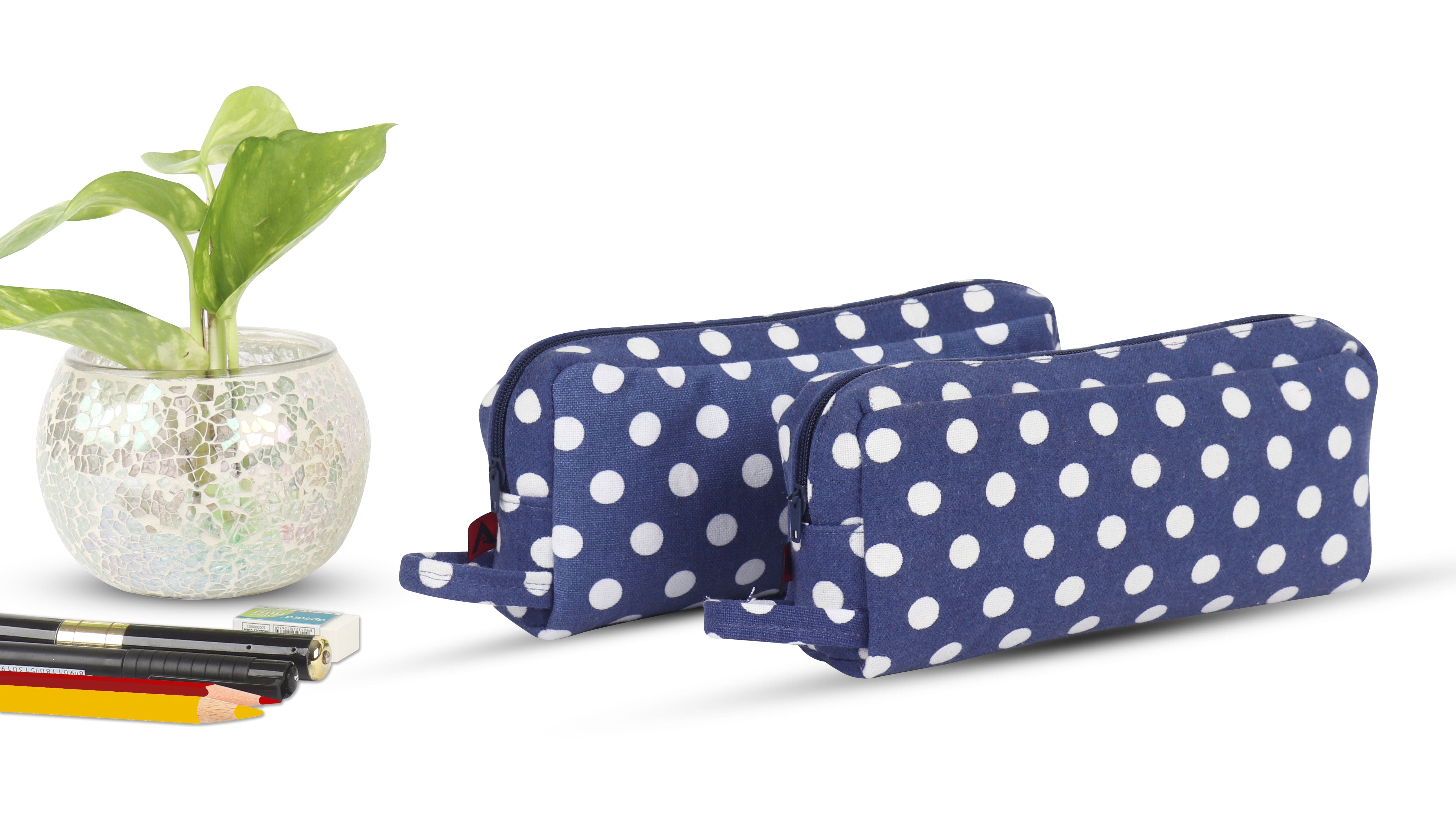 Cotton Dark Blue Dots Pencil Pouches - Pack of 2 pcs