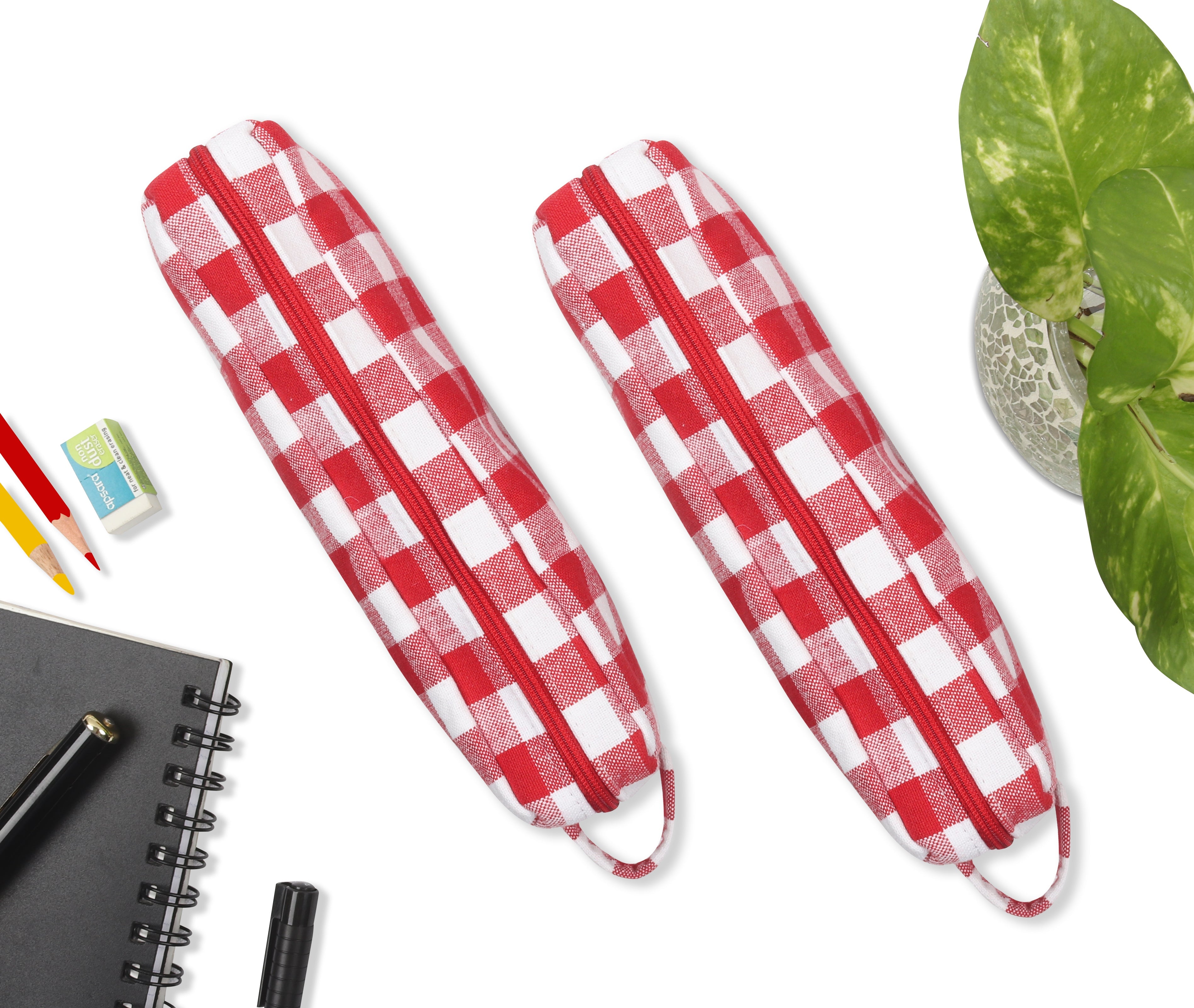 Cotton Red White Pencil Pouches - Pack of 2 pcs