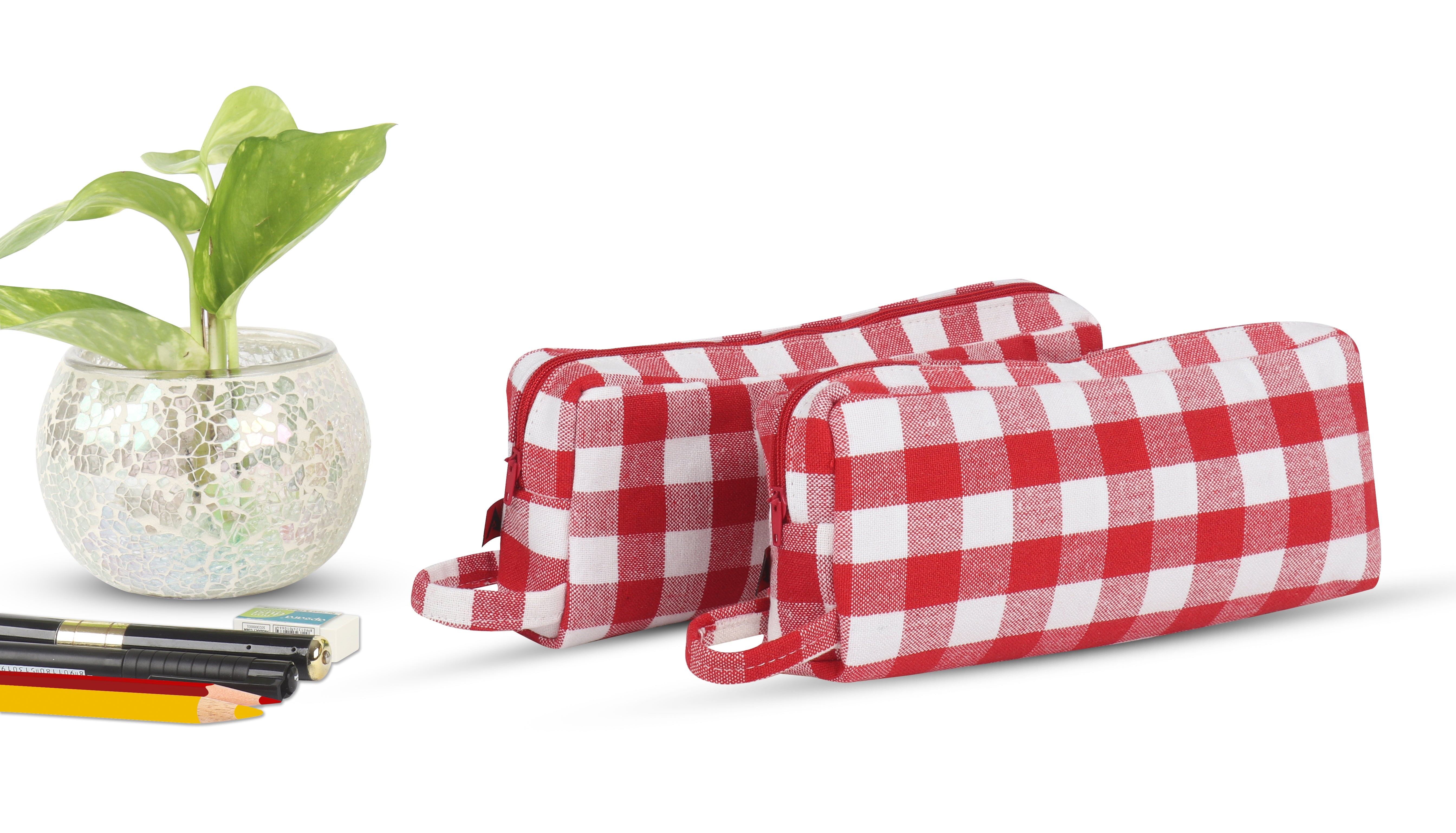 Cotton Red White Pencil Pouches - Pack of 2 pcs