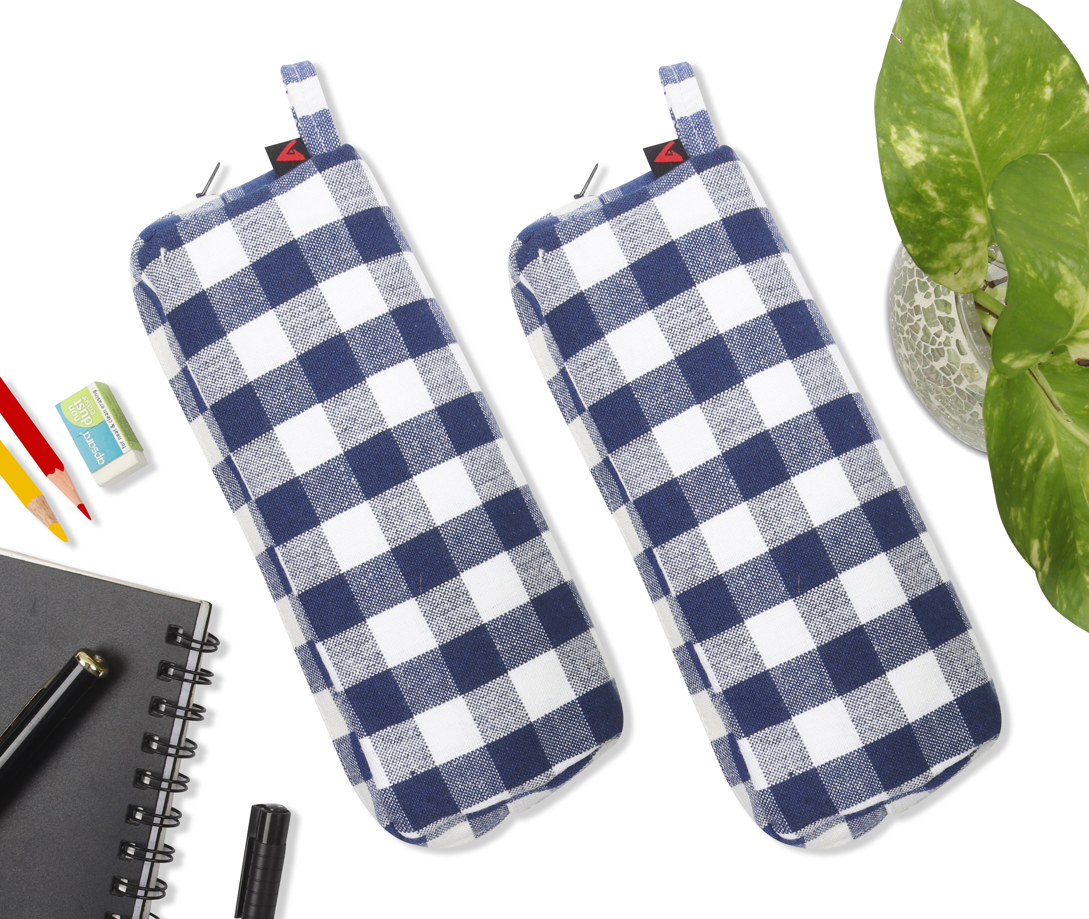 Cotton Blue White Checked Pencil Pouches - Pack of 2 pcs