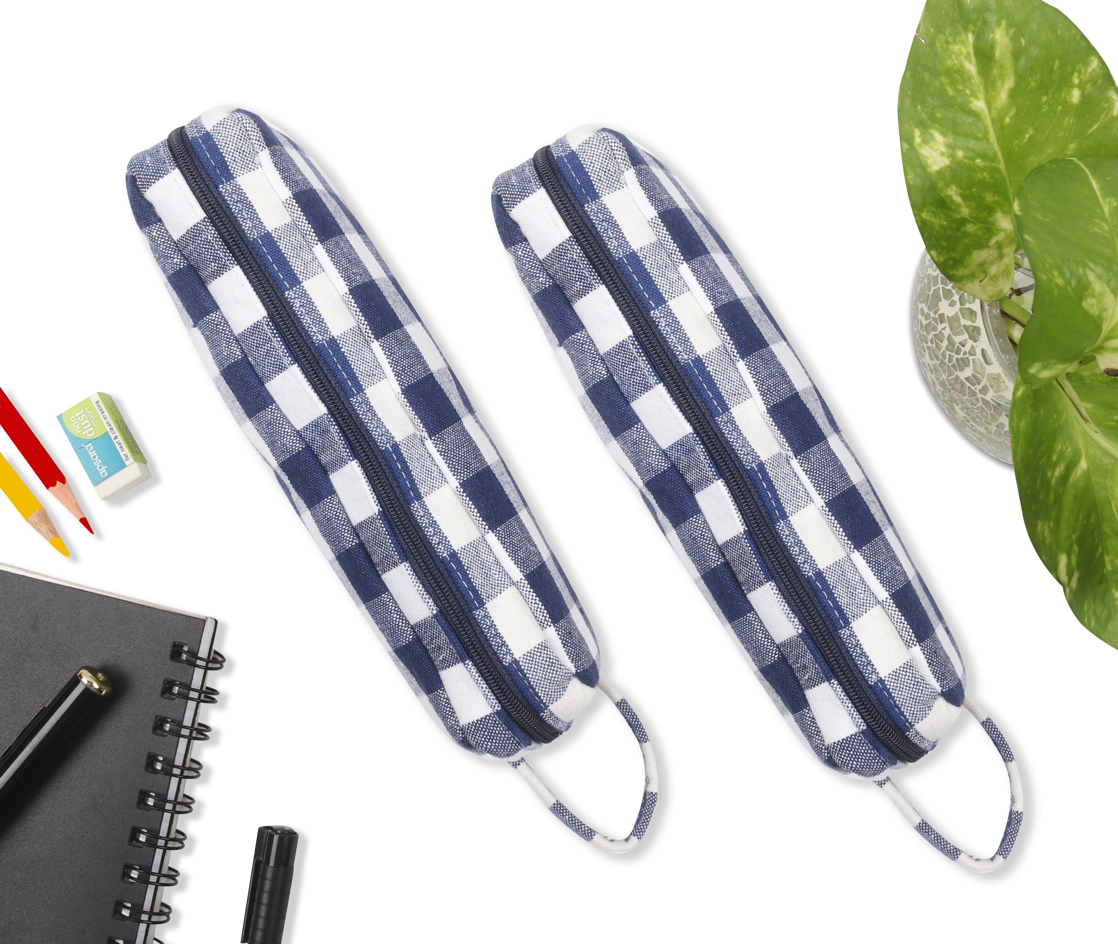 Cotton Blue White Checked Pencil Pouches - Pack of 2 pcs