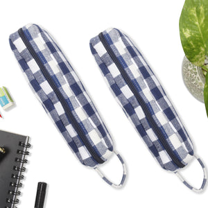 Cotton Blue White Checked Pencil Pouches - Pack of 2 pcs
