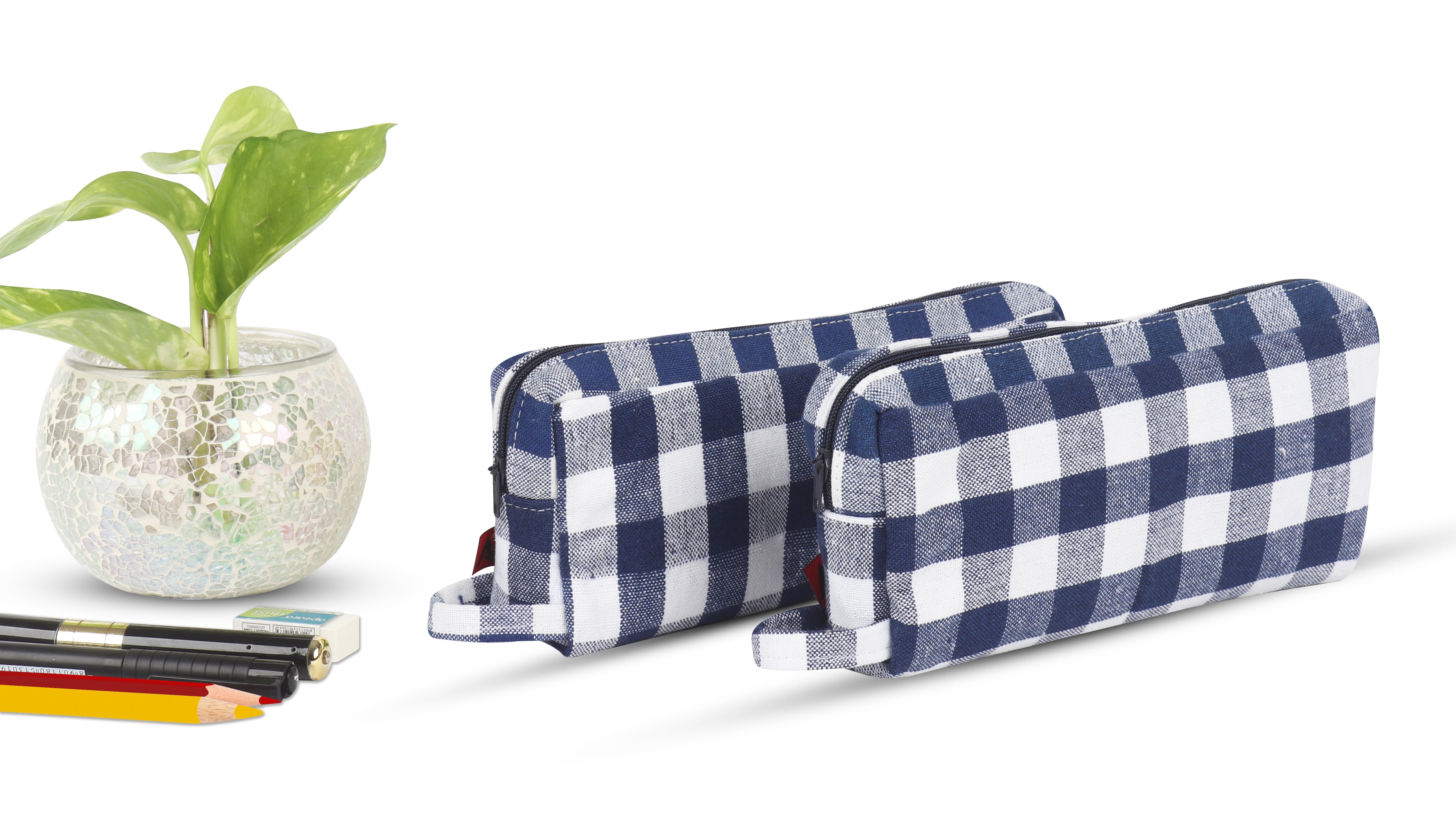 Cotton Blue White Checked Pencil Pouches - Pack of 2 pcs