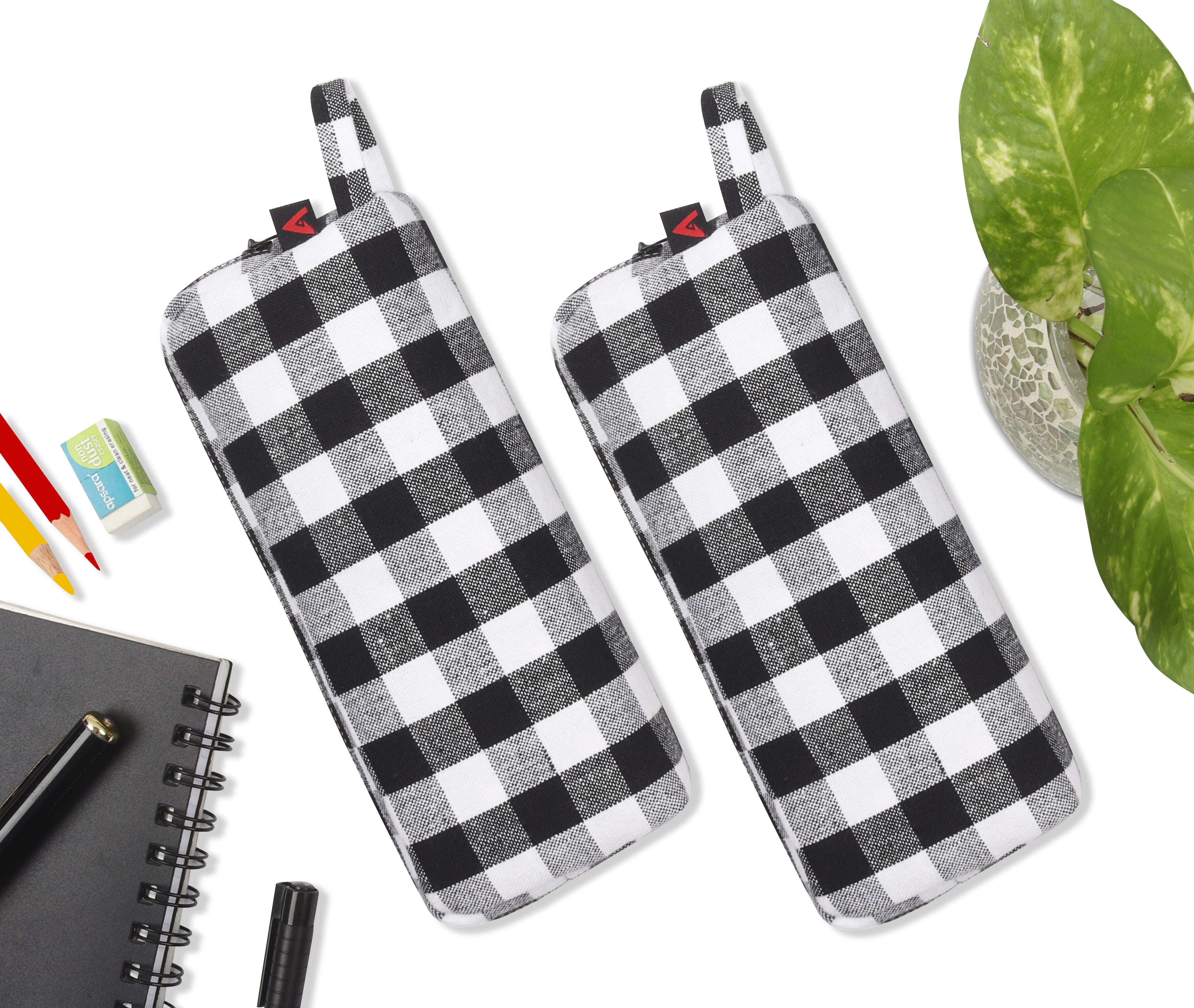 Cotton Checked Black White Pencil Pouches - Pack of 2 pcs