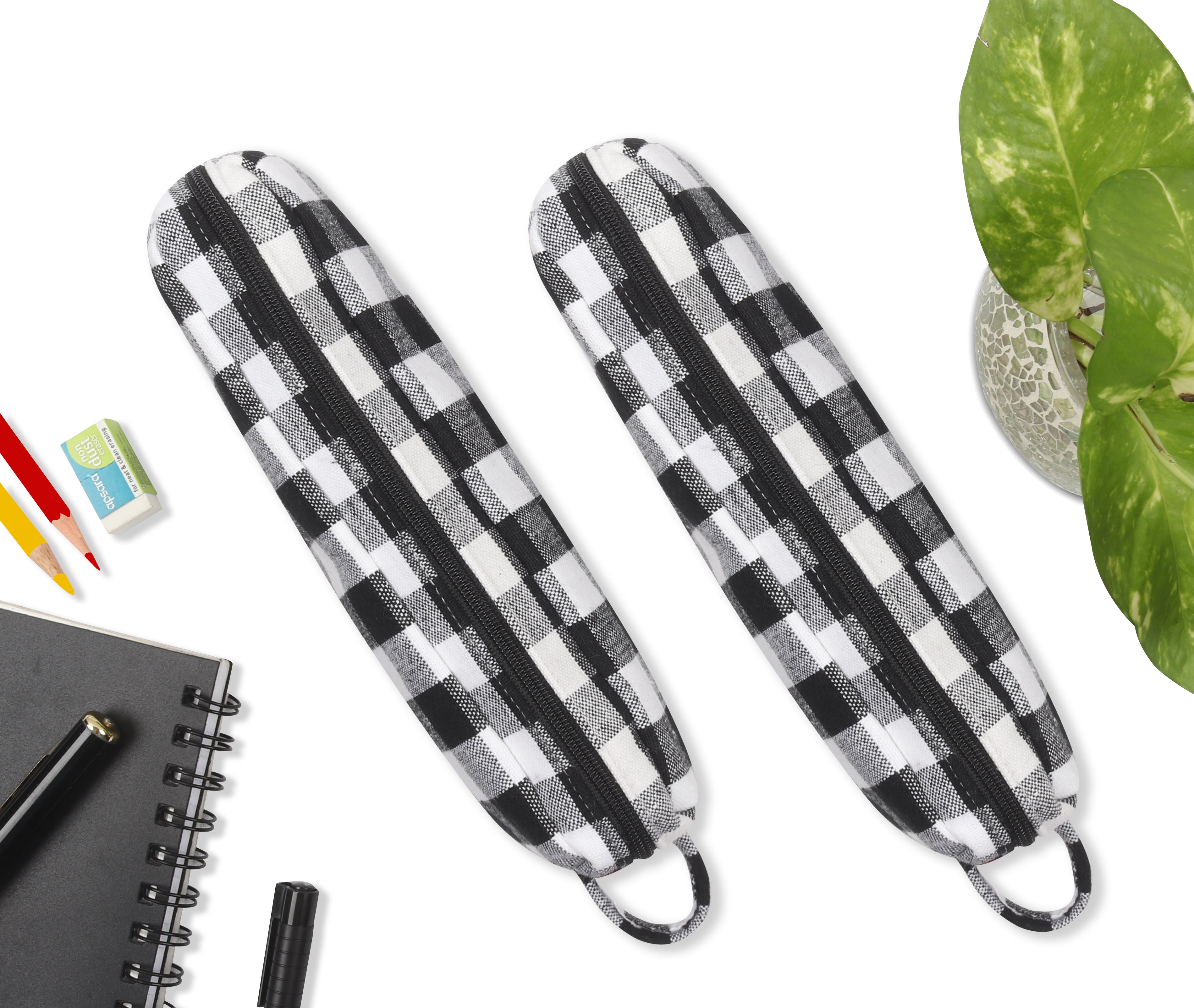 Cotton Checked Black White Pencil Pouches - Pack of 2 pcs