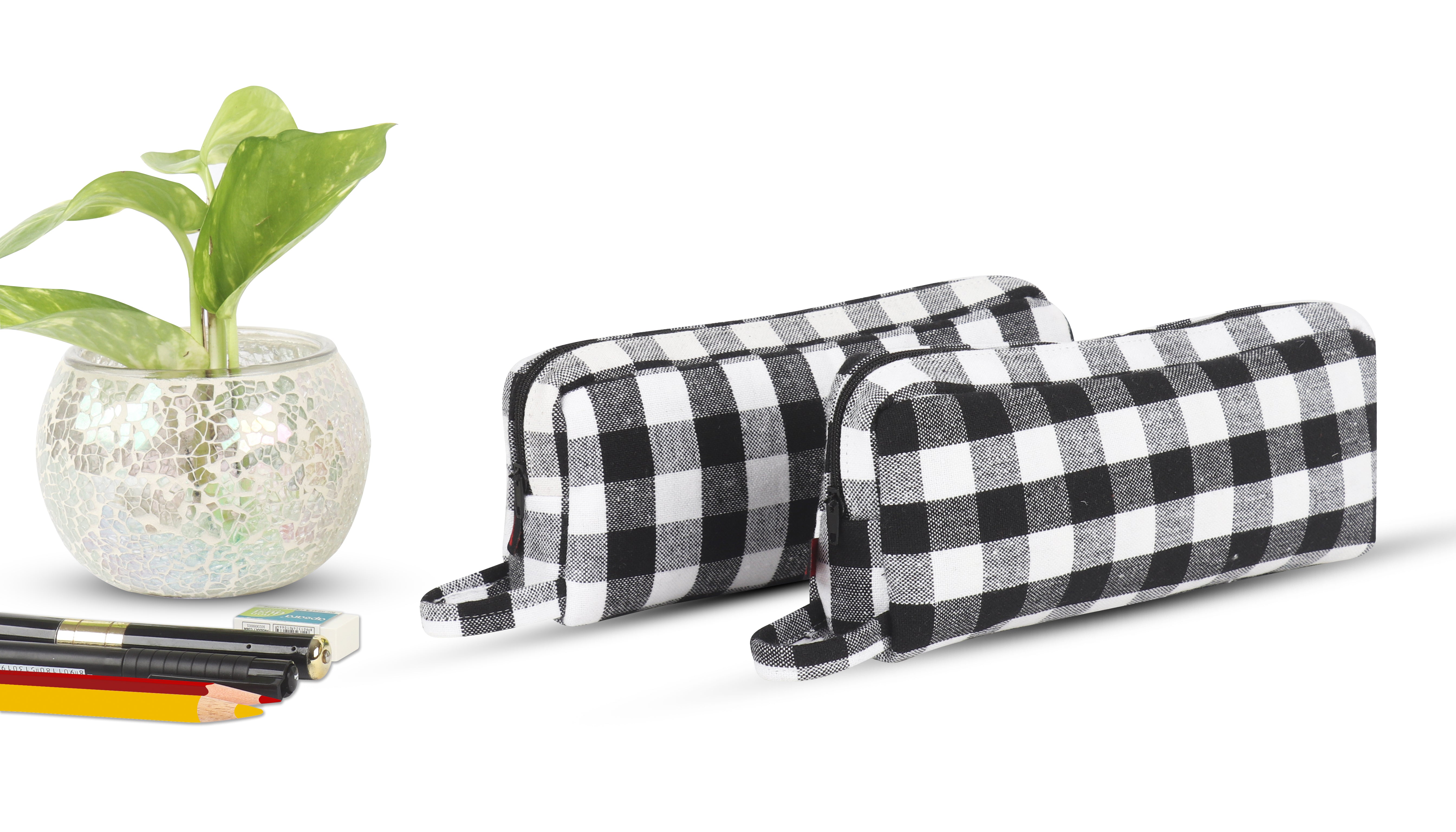 Cotton Checked Black White Pencil Pouches - Pack of 2 pcs