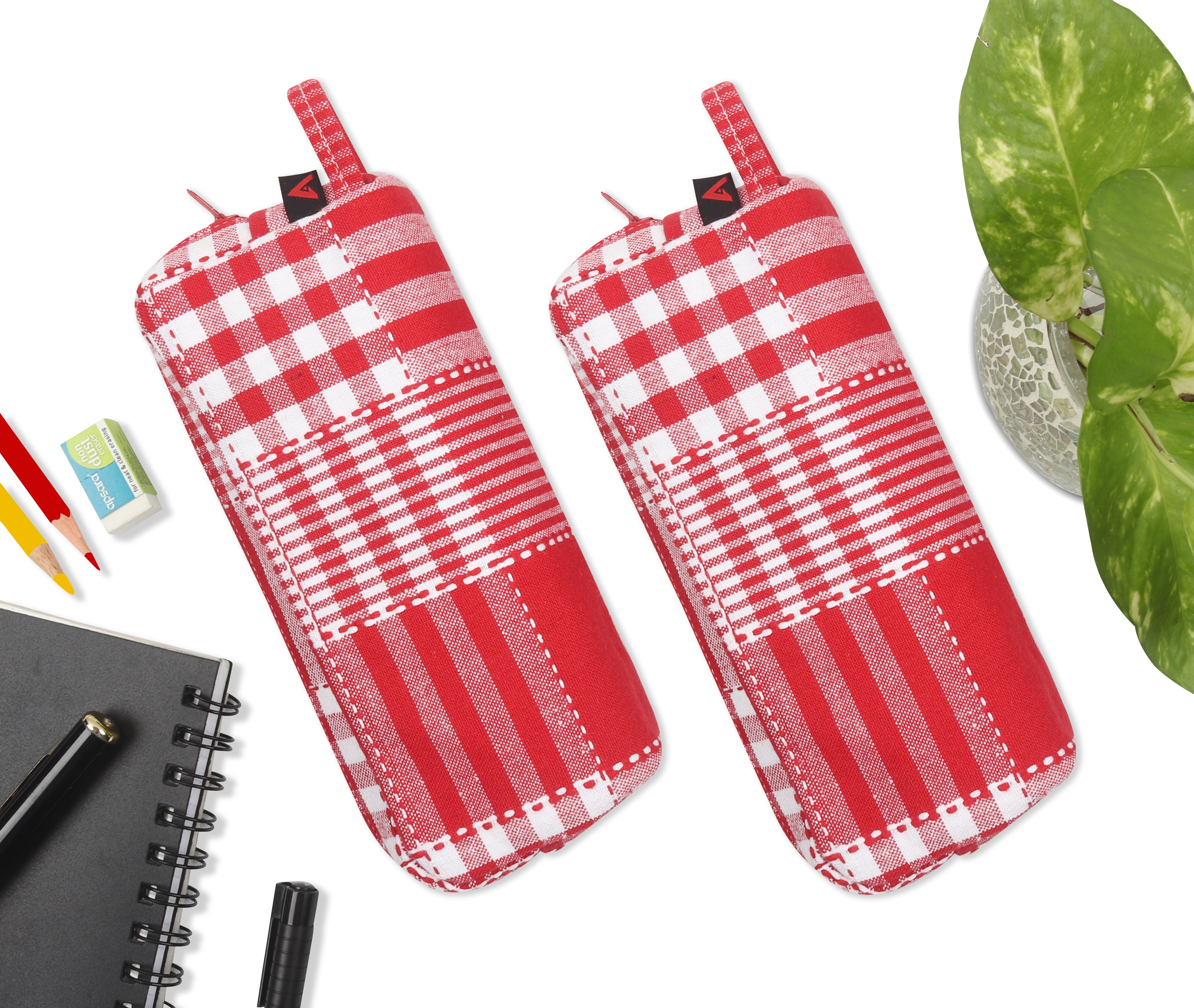 Cotton Red Checked Pencil Pouches - Pack of 2 pcs