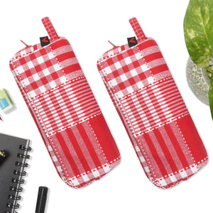 Cotton Red Checked Pencil Pouches - Pack of 2 pcs