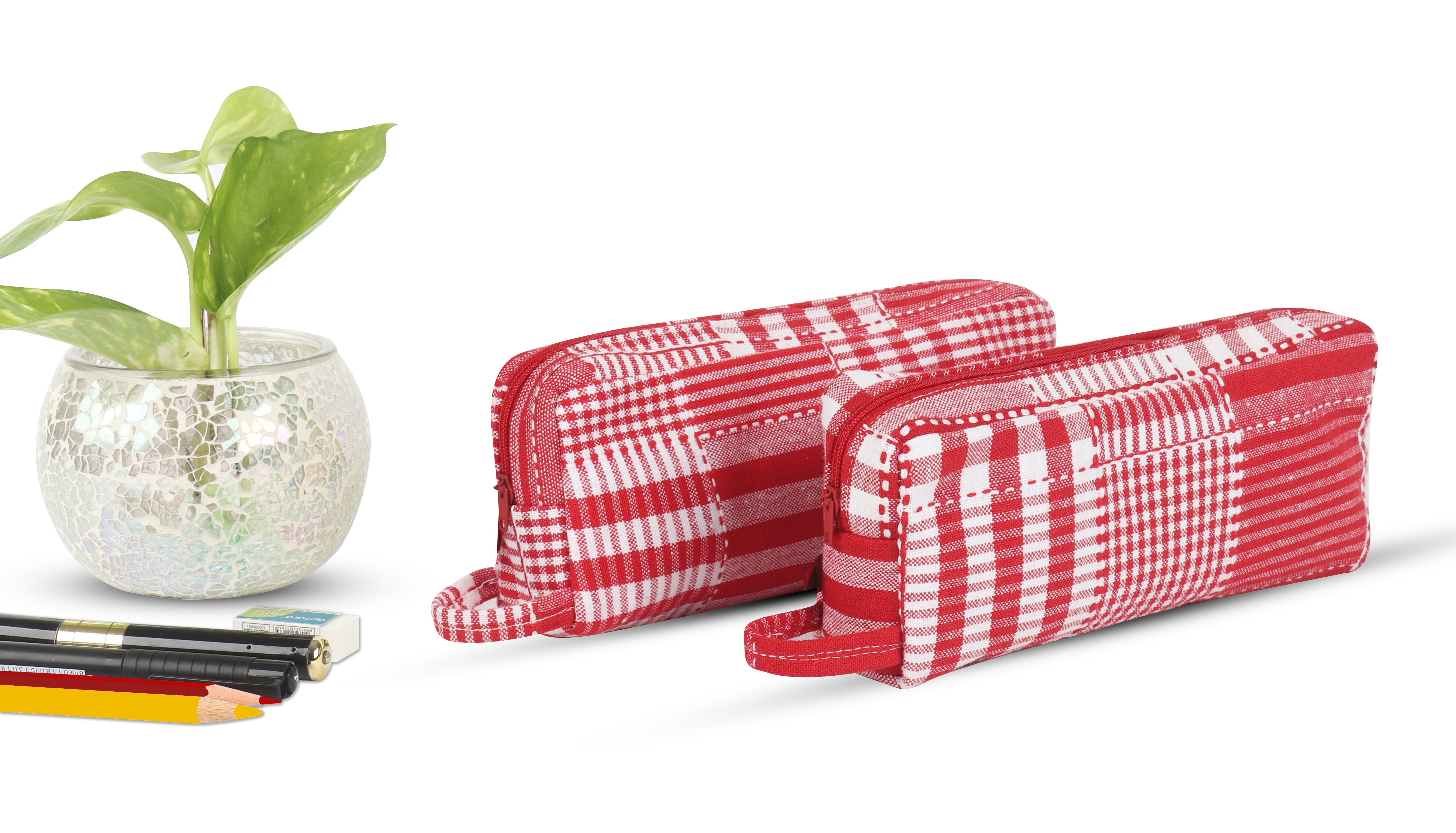 Cotton Red Checked Pencil Pouches - Pack of 2 pcs