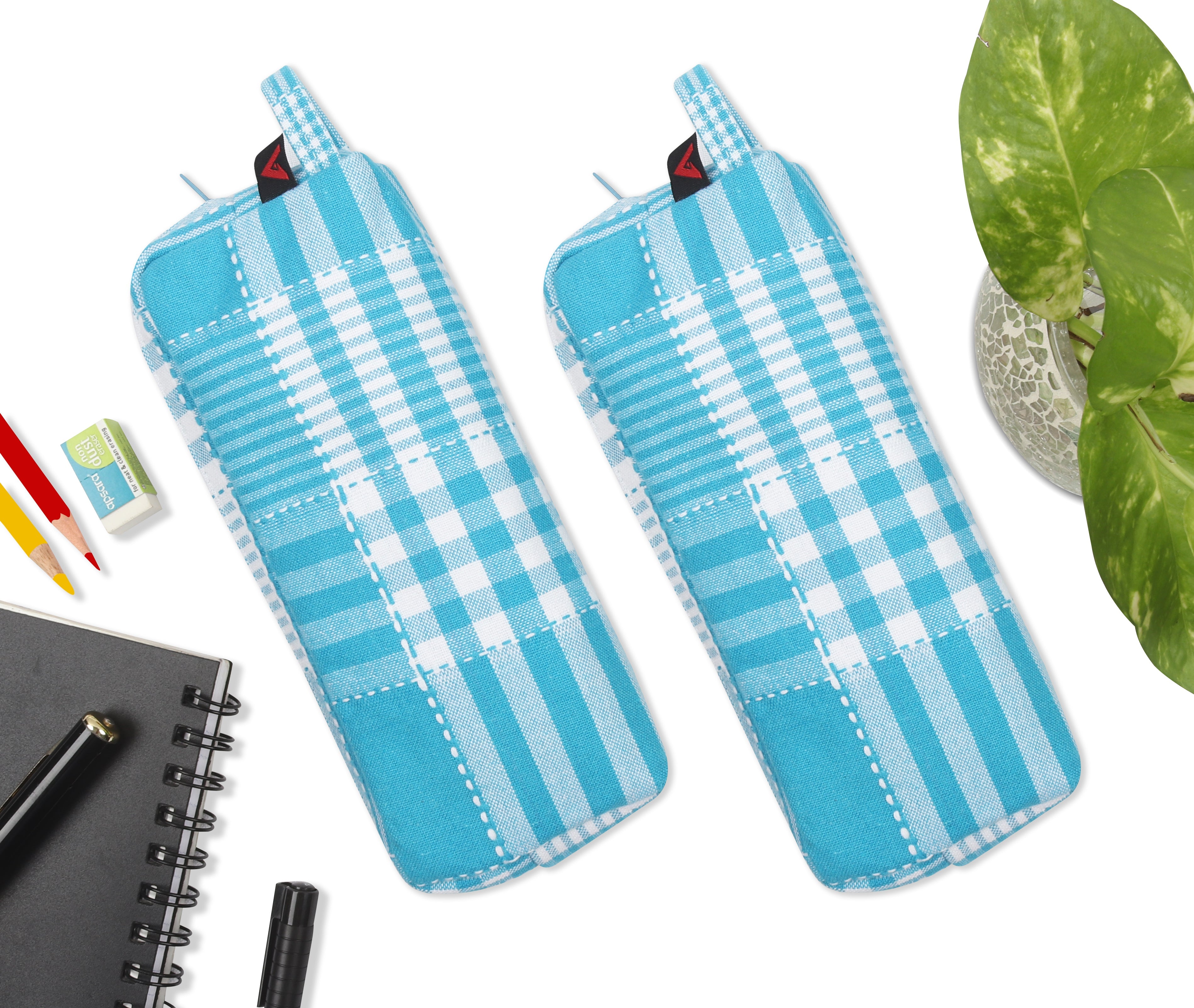 Cotton Cyan Checked Pencil Pouches - Pack of 2 pcs